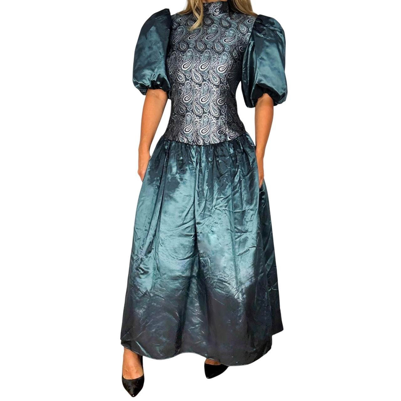 80s Metallic Puff Sleeve Maxi Dress (M)  Holy Thrift