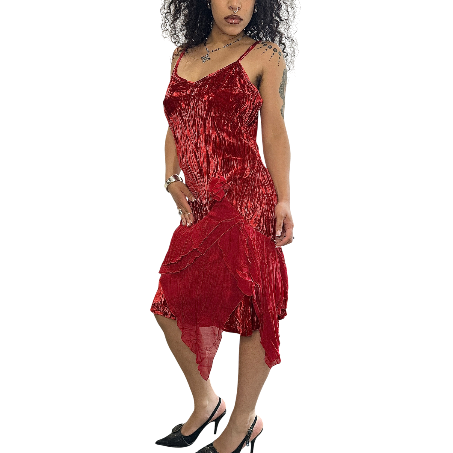 vintage asymmetrical dress Italian Sheer Ruffle Midi (S/M) – Holy Thrift Figure flattering Color:DUSTYBLUE Sleeveless Lace Boho A-Line BS-1-10-7D-DE