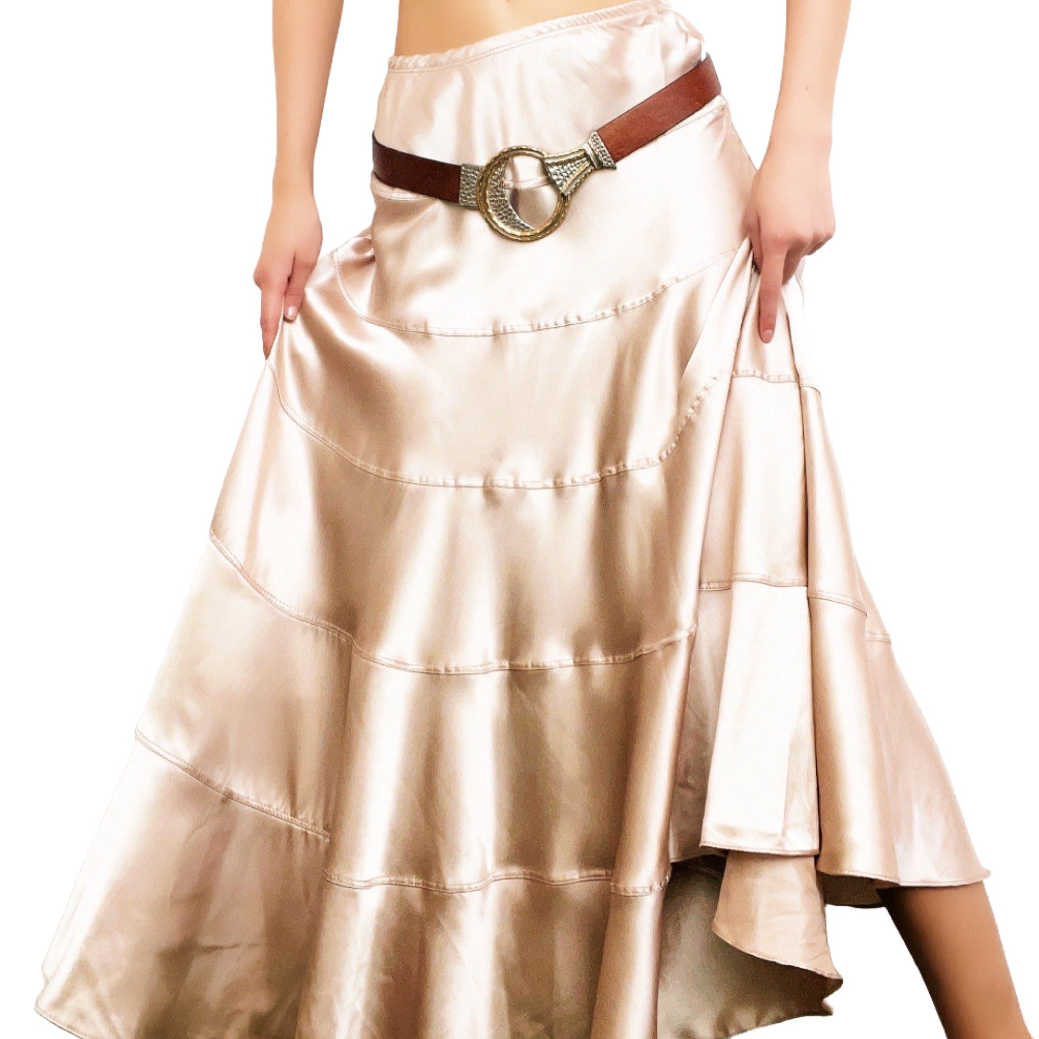 Satin Champagne Tiered Maxi Skirt (S)