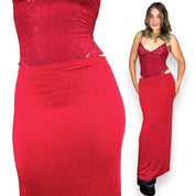 90s Cherry Red Slinky Maxi Skirt (M)