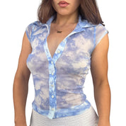 90s Bebe Cloud Print Mesh Blouse (M)