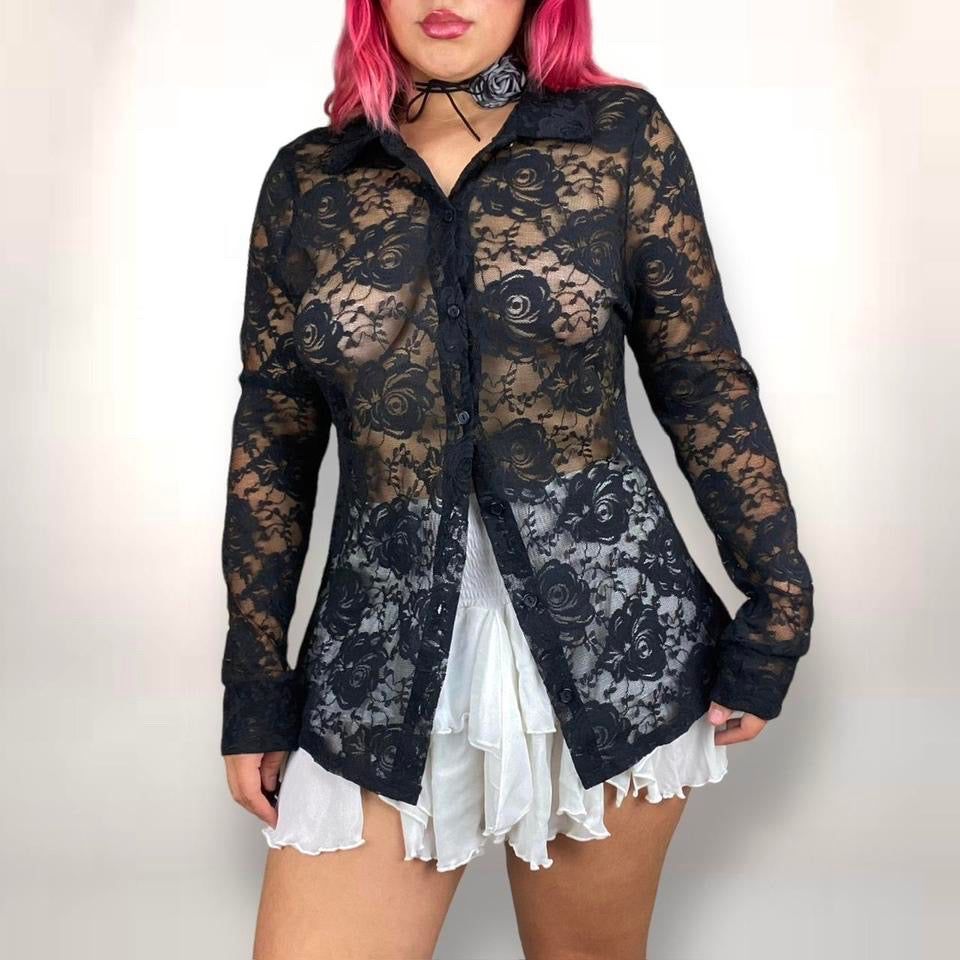 2000s Sheer Lace Button Down (L-XL)