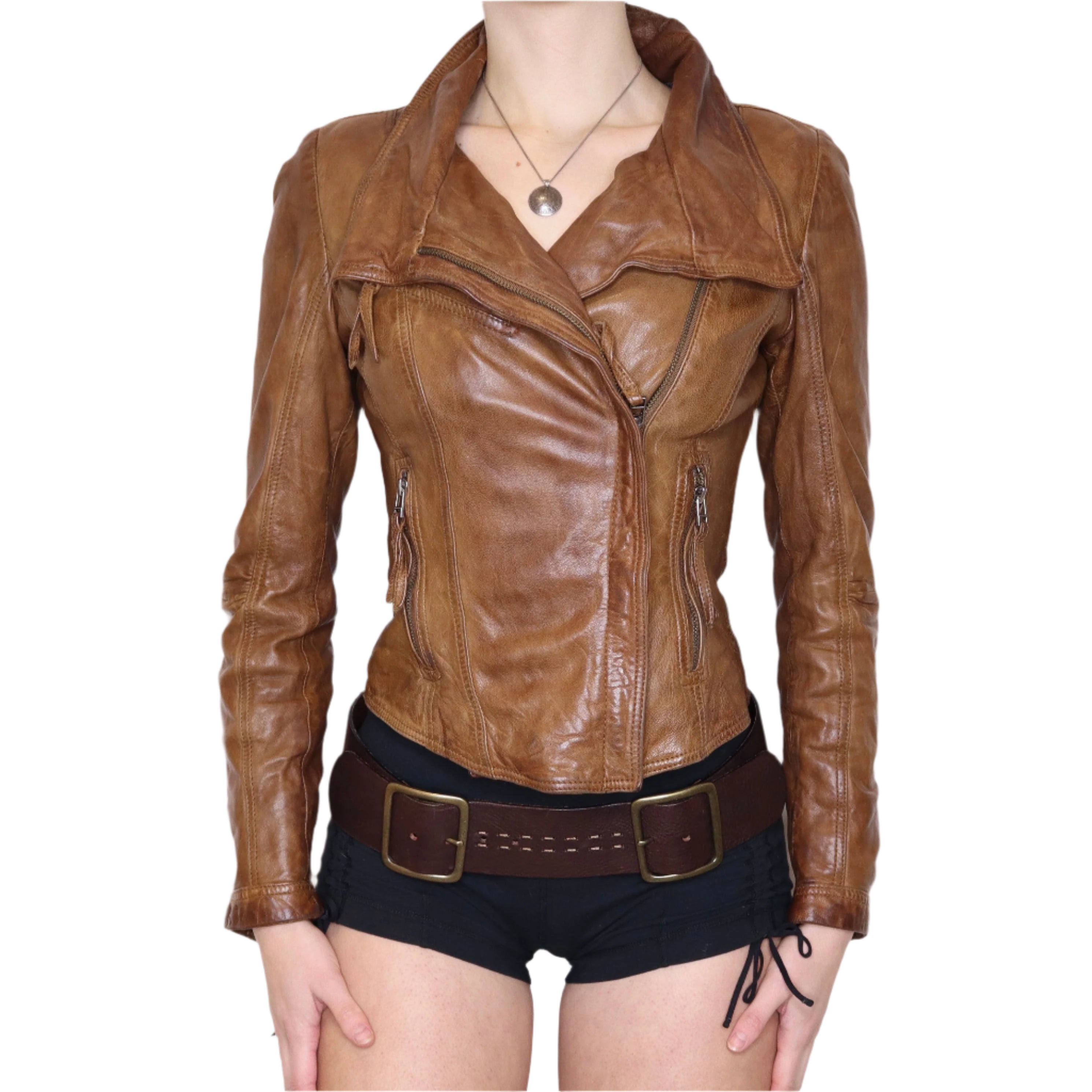 Y2K Sexy Brown Leather Moto Jacket (XS) Holy Thrift Y2K Sexy Brown Leather Moto Jacket (XS) Holy Thrift