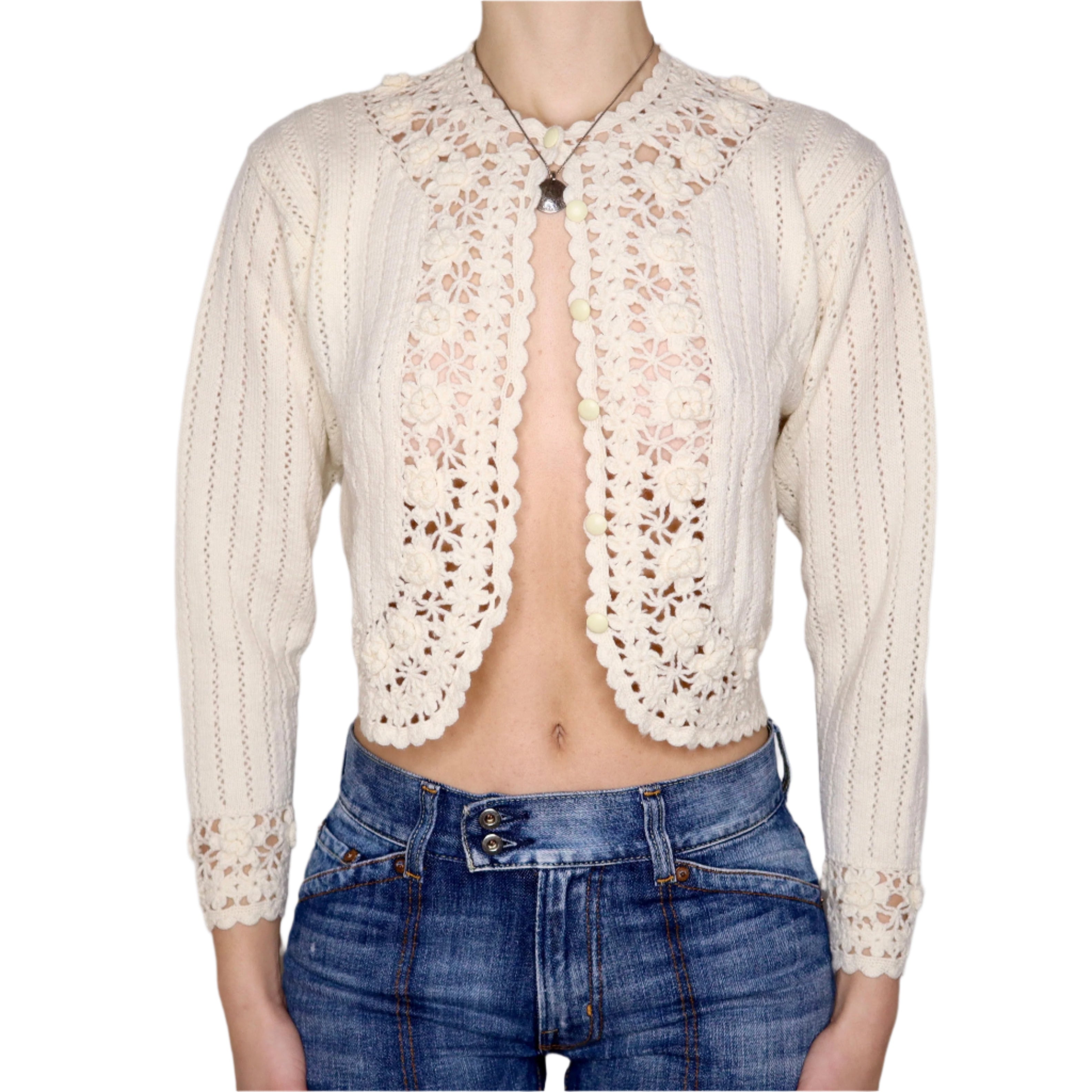 Y2K Cream Knit Cardigan (M)