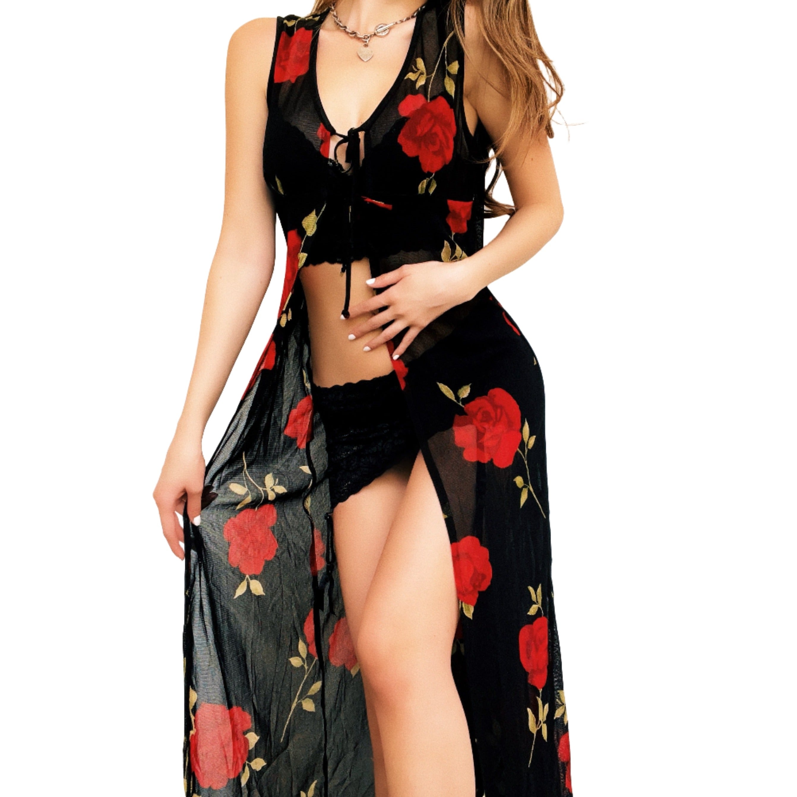 90s Sheer Rose Print Duster (S/M)