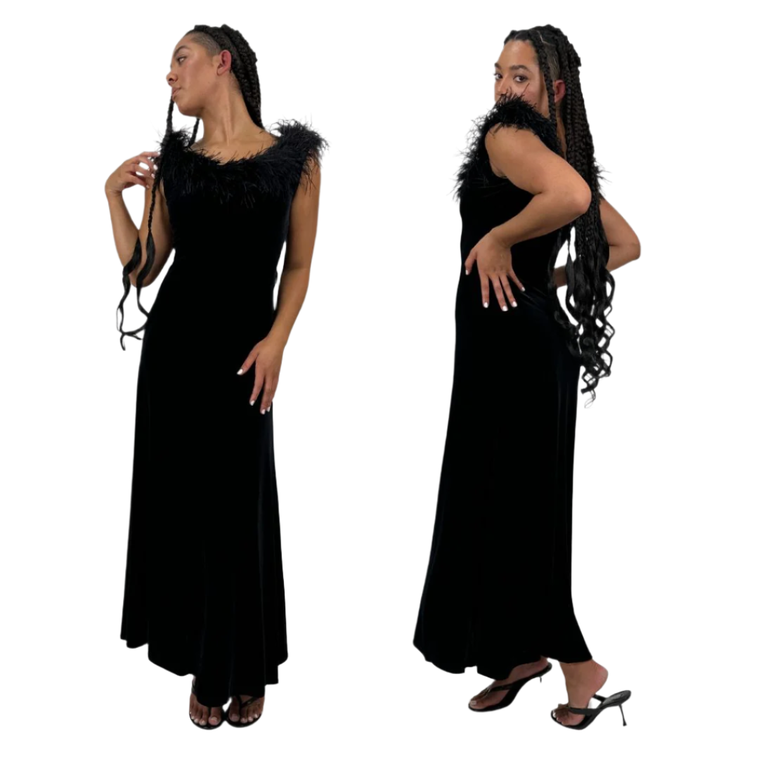 90s Noir Velvet Feather Gown (M)