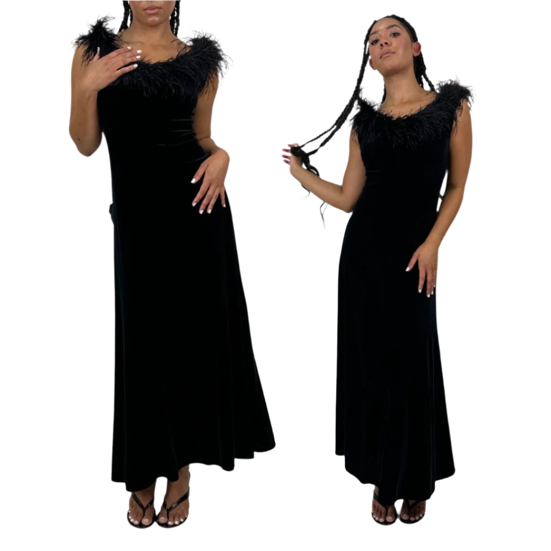 90s Noir Velvet Feather Gown (M)