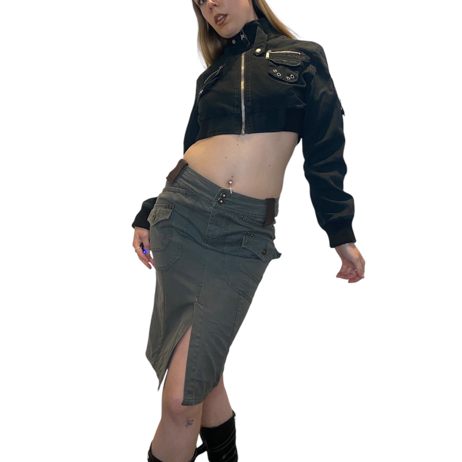 Vintage Cropped Black Utility Bomber Jacket (S)