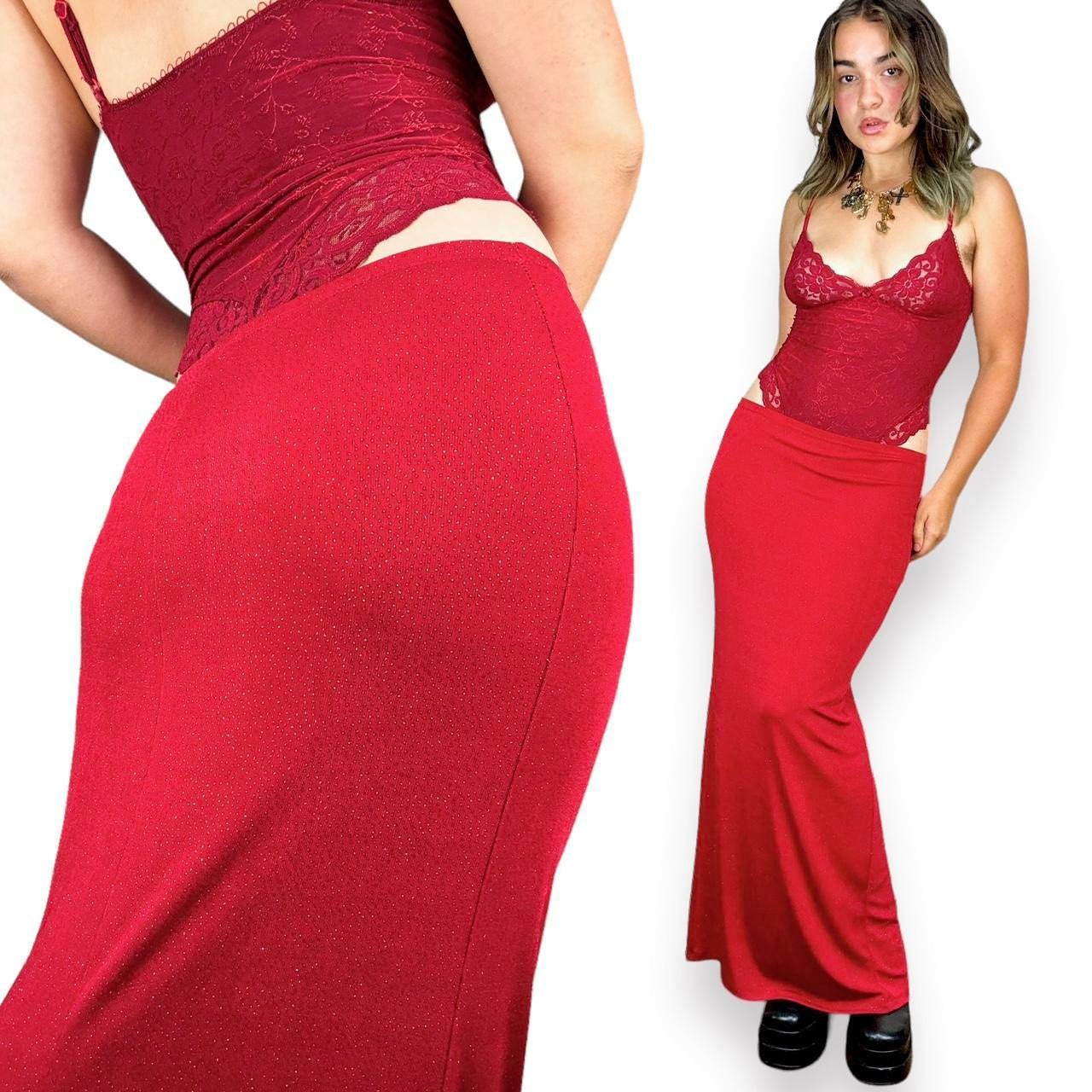 90s Cherry Red Slinky Maxi Skirt (M)