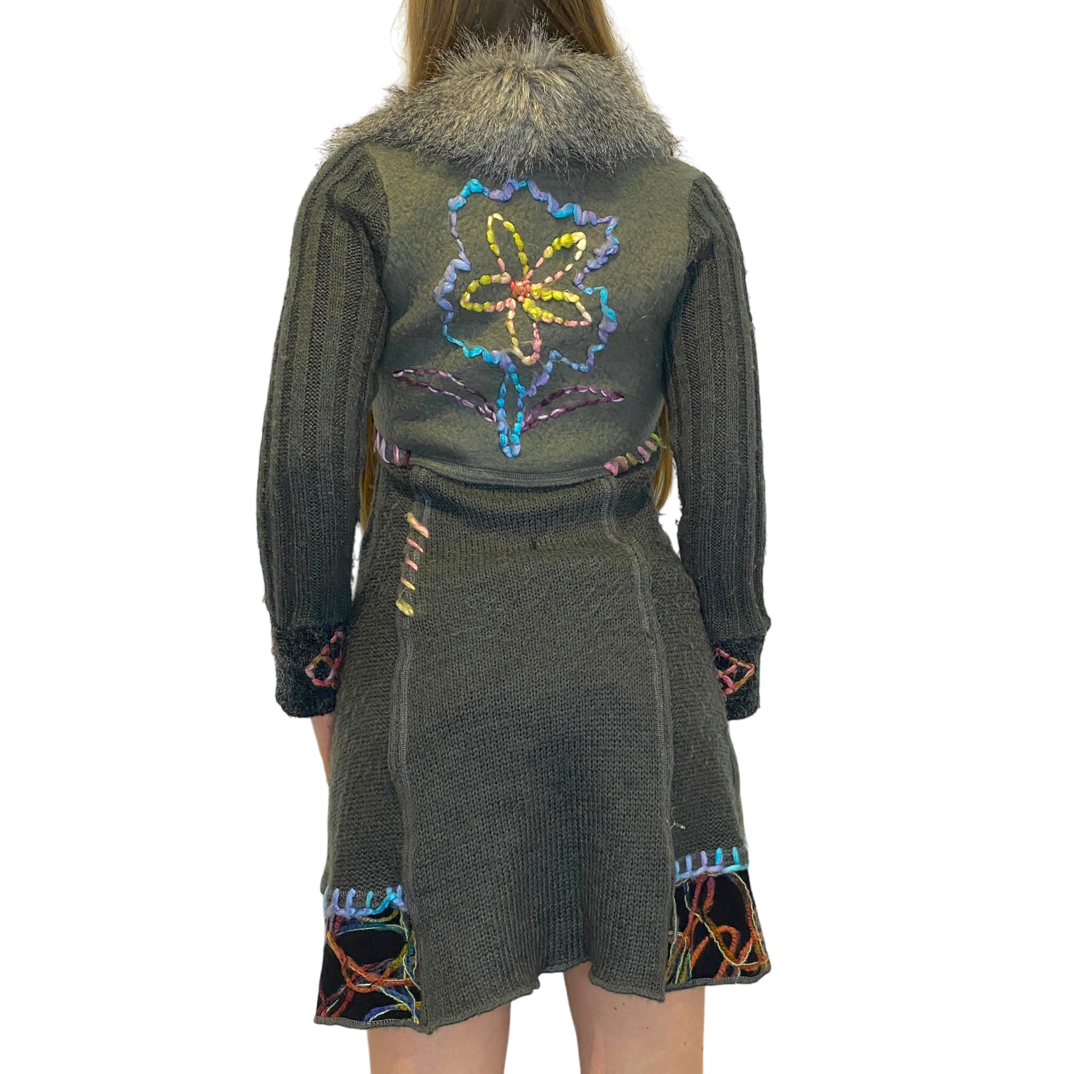 Vintage Boho Chic Fur Trim Maxi Cardigan (S/M)