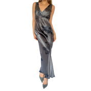 90s Muted Blue Floral Satin Maxi Dress (M)