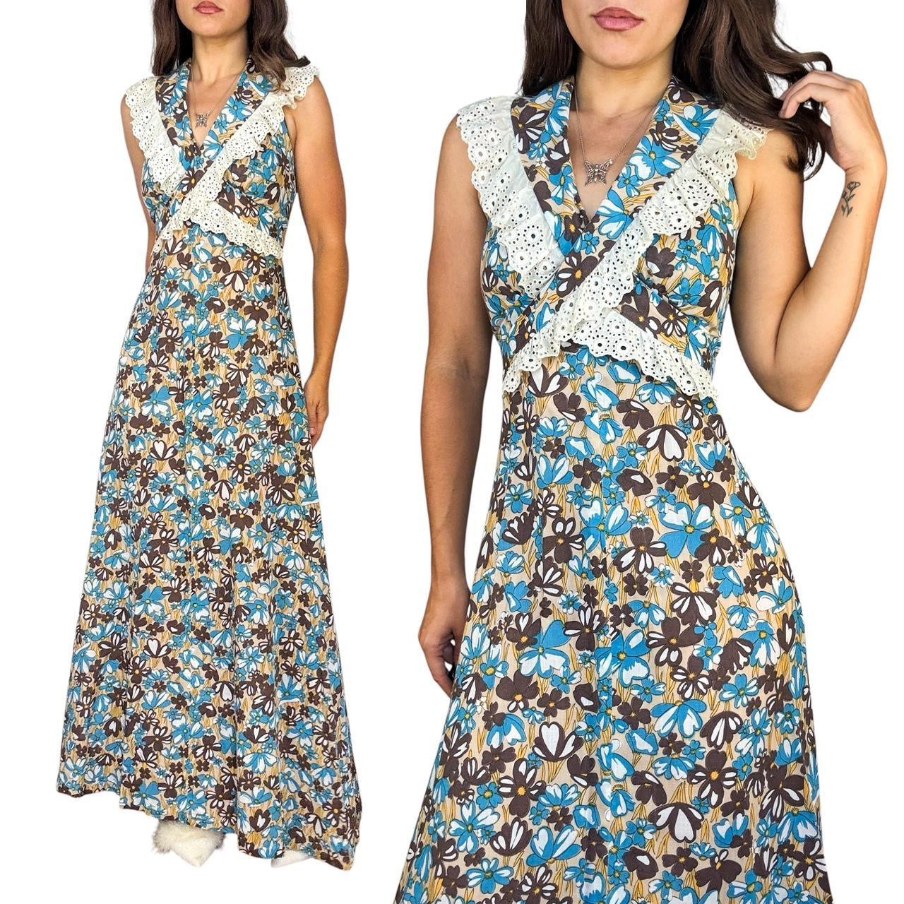 70s Floral Cotton Maxi Dress (XS)