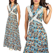70s Floral Cotton Maxi Dress (XS)