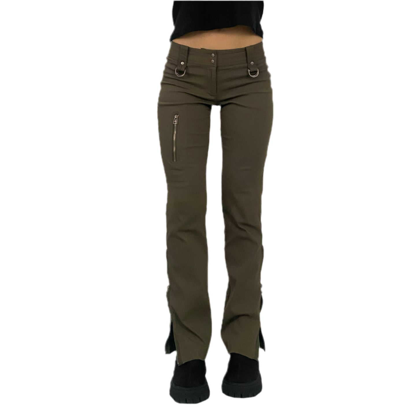 Olive Zipper Low Rise Pants (XS)