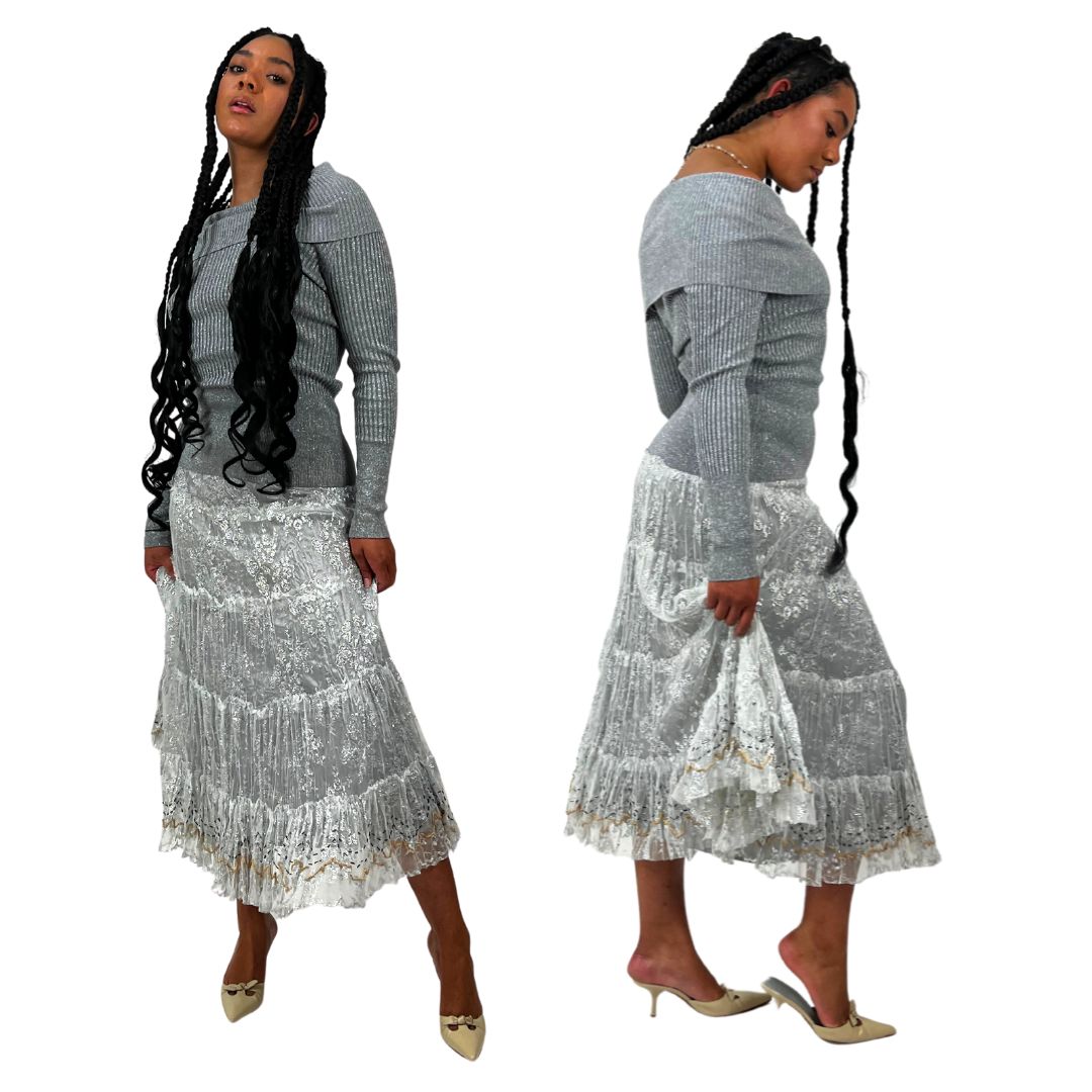 Vintage Silver Beaded Lace Maxi Skirt (S/M)