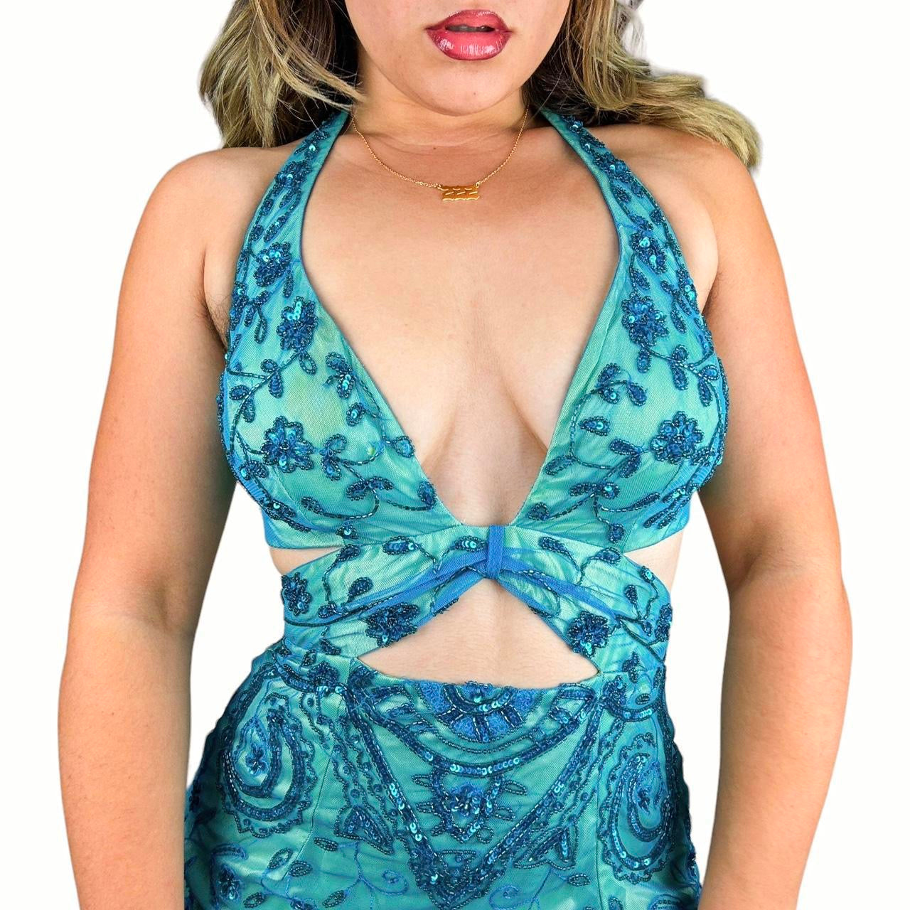 Caché Beaded Mesh Cutout Gown (S)