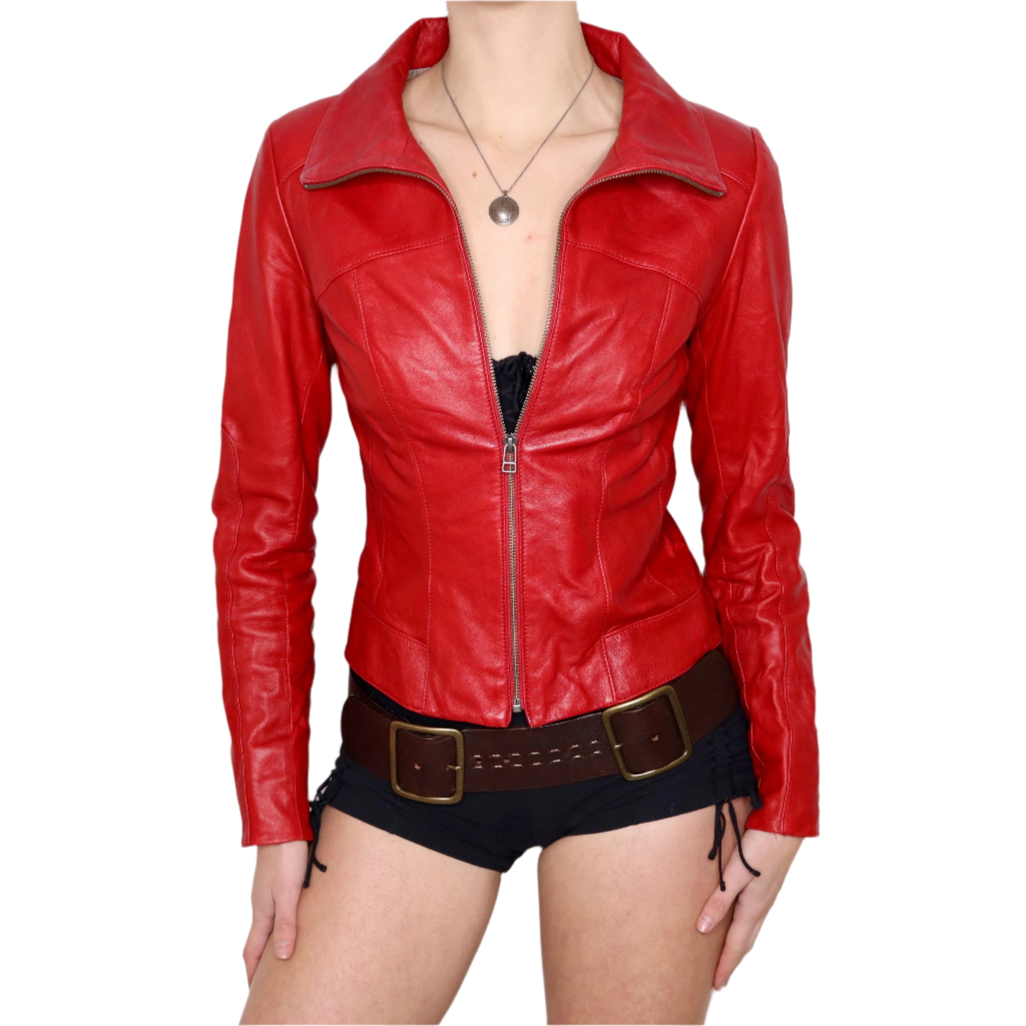 Y2K Sexy Red Italian Leather Moto Jacket (S)  Holy Thrift
