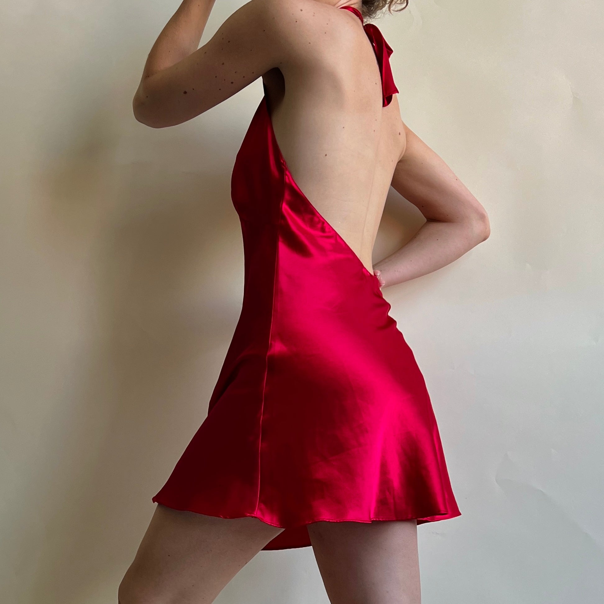 00s red satin halter dress - L