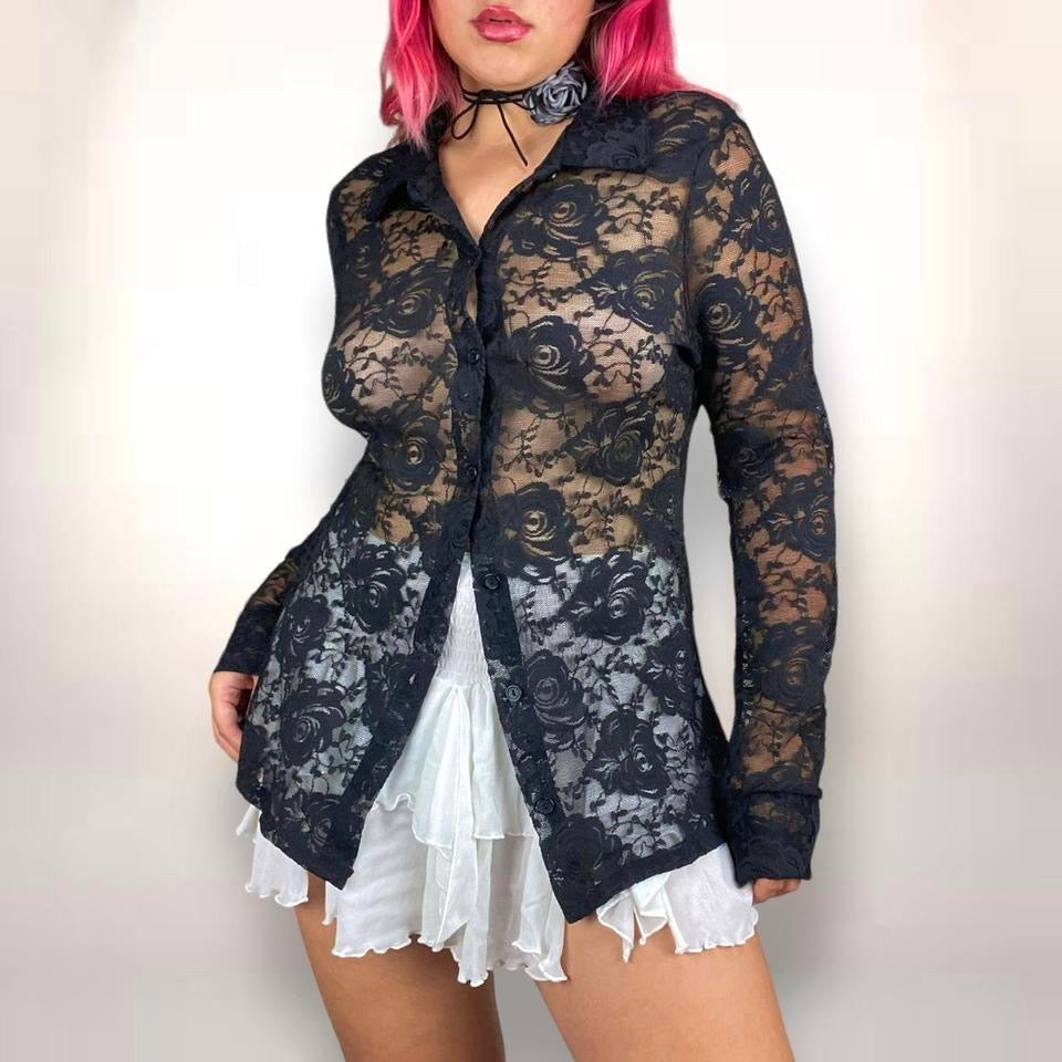 2000s Sheer Lace Button Down (L-XL)