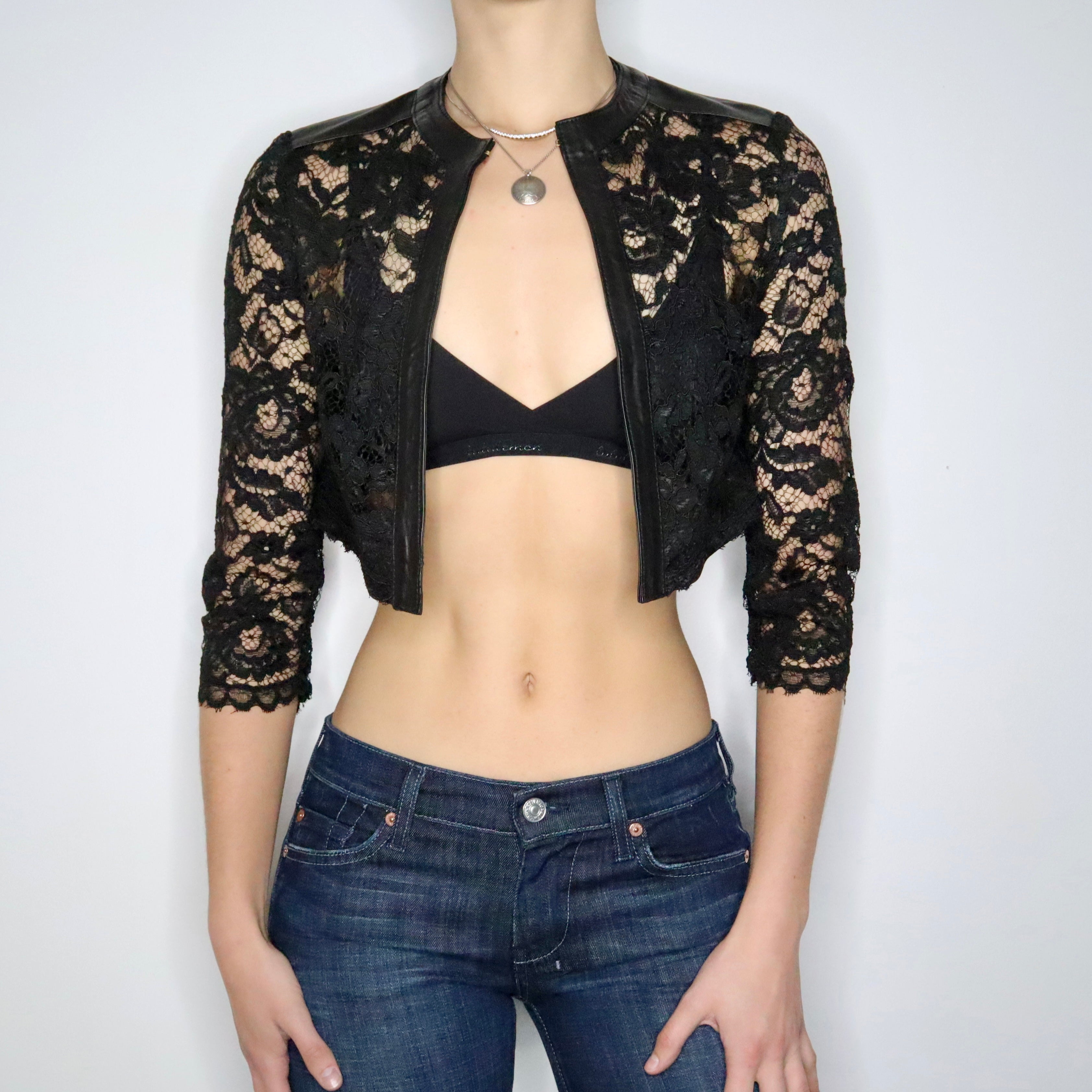 90s Italian Leather and Lace Top (S)