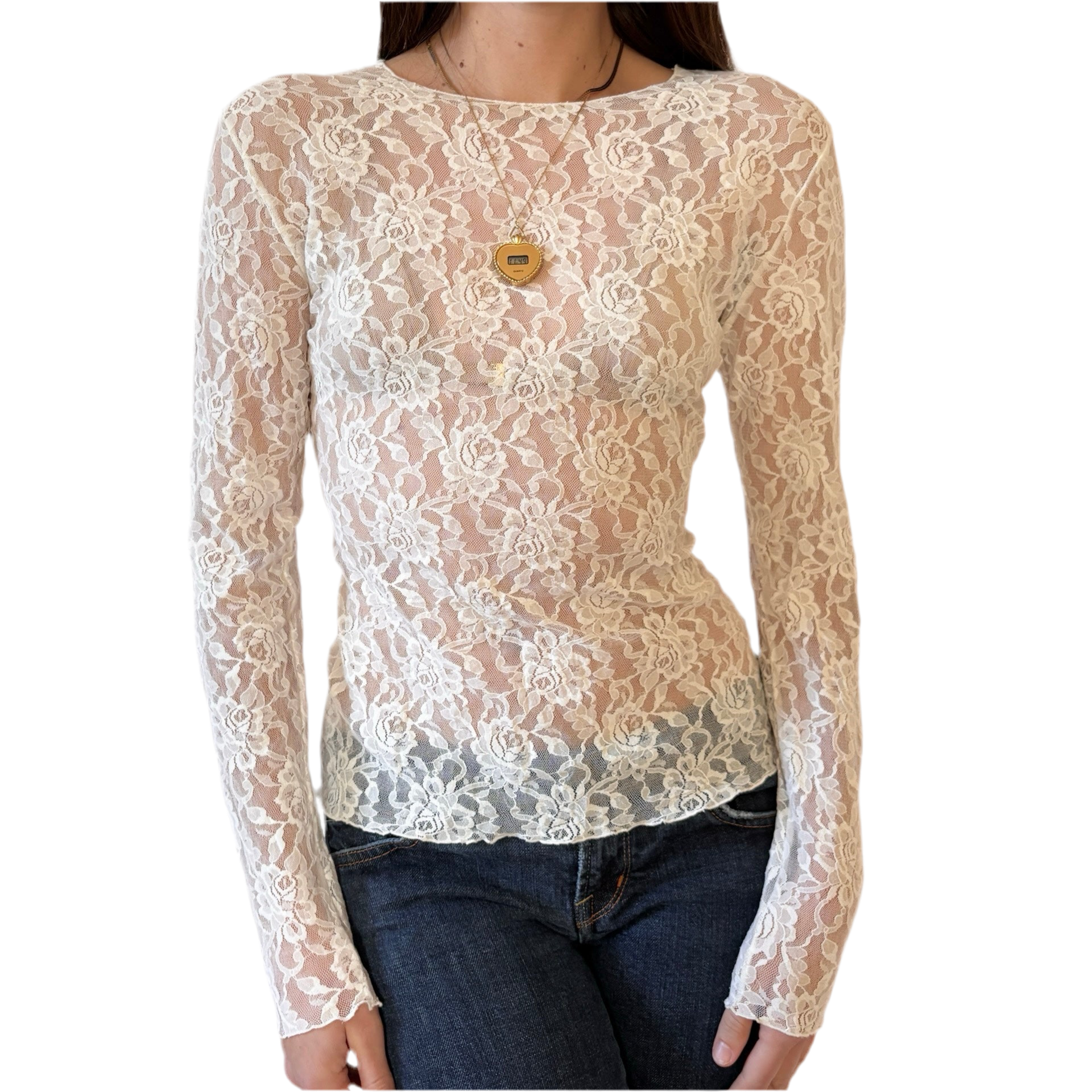 90s Cream Lace Longsleeve Top (M)