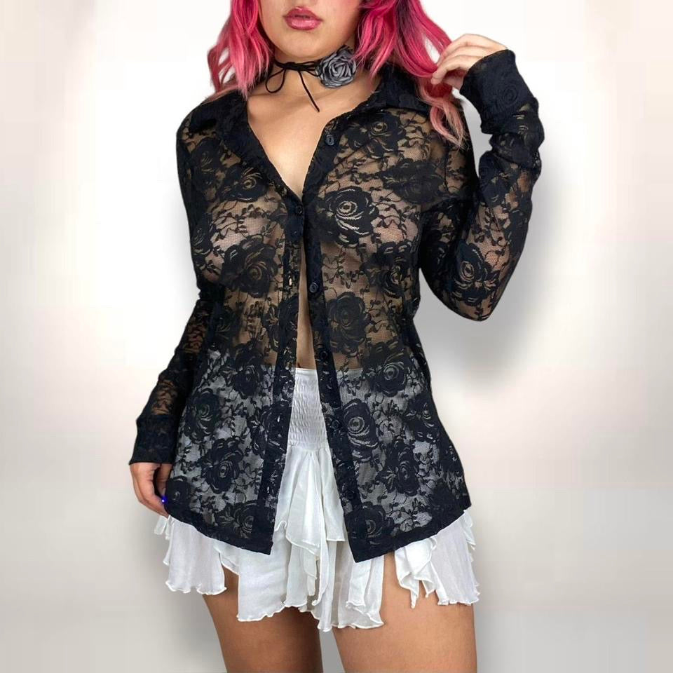 2000s Sheer Lace Button Down (L-XL)