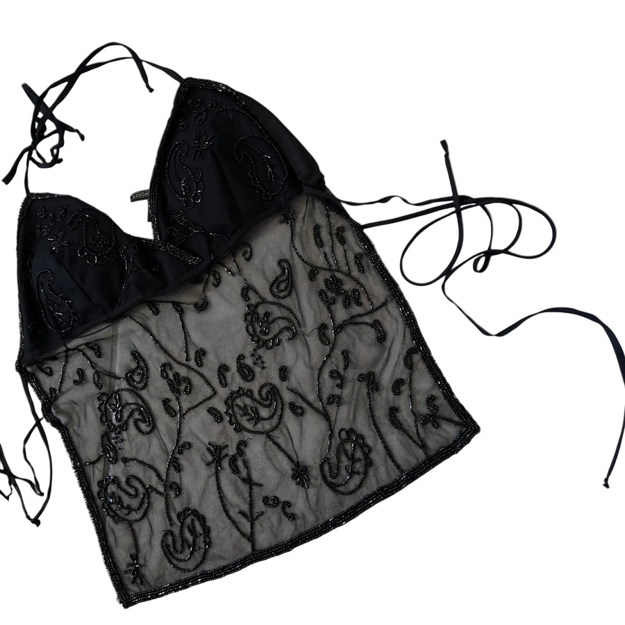 Vintage embellished mesh halter top (XS-M)