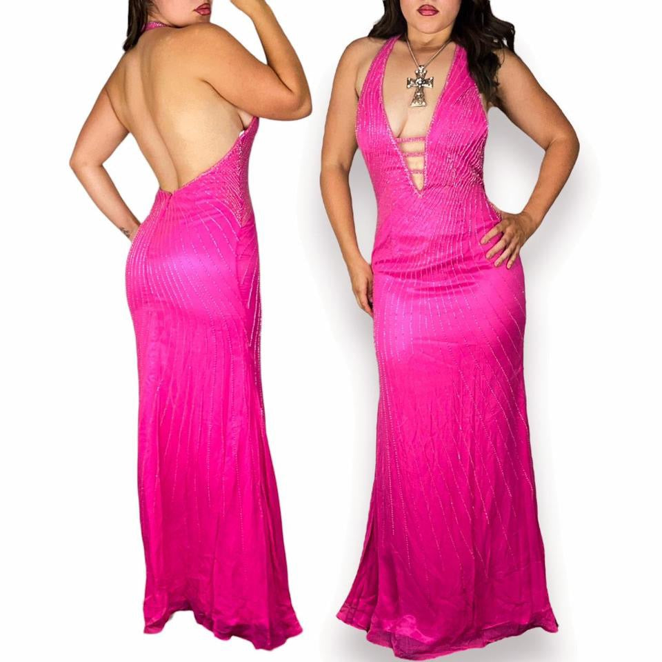 Y2K Beaded Silk Backless Halter Gown (M)
