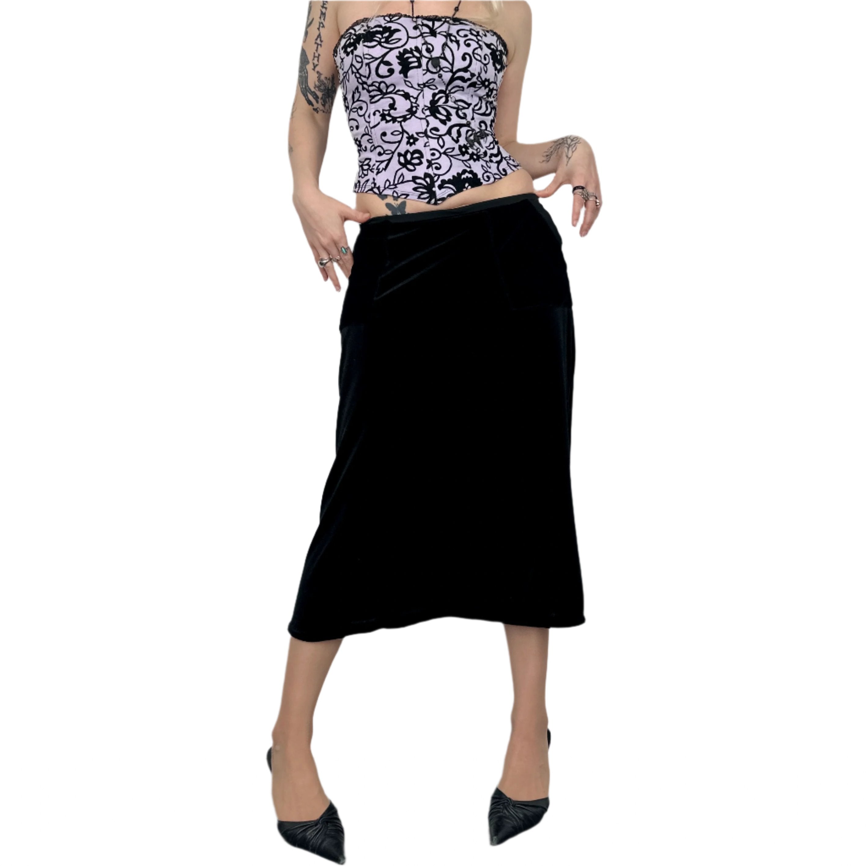 Black Velvet Midi Skirt w/ Pockets (XS/S)