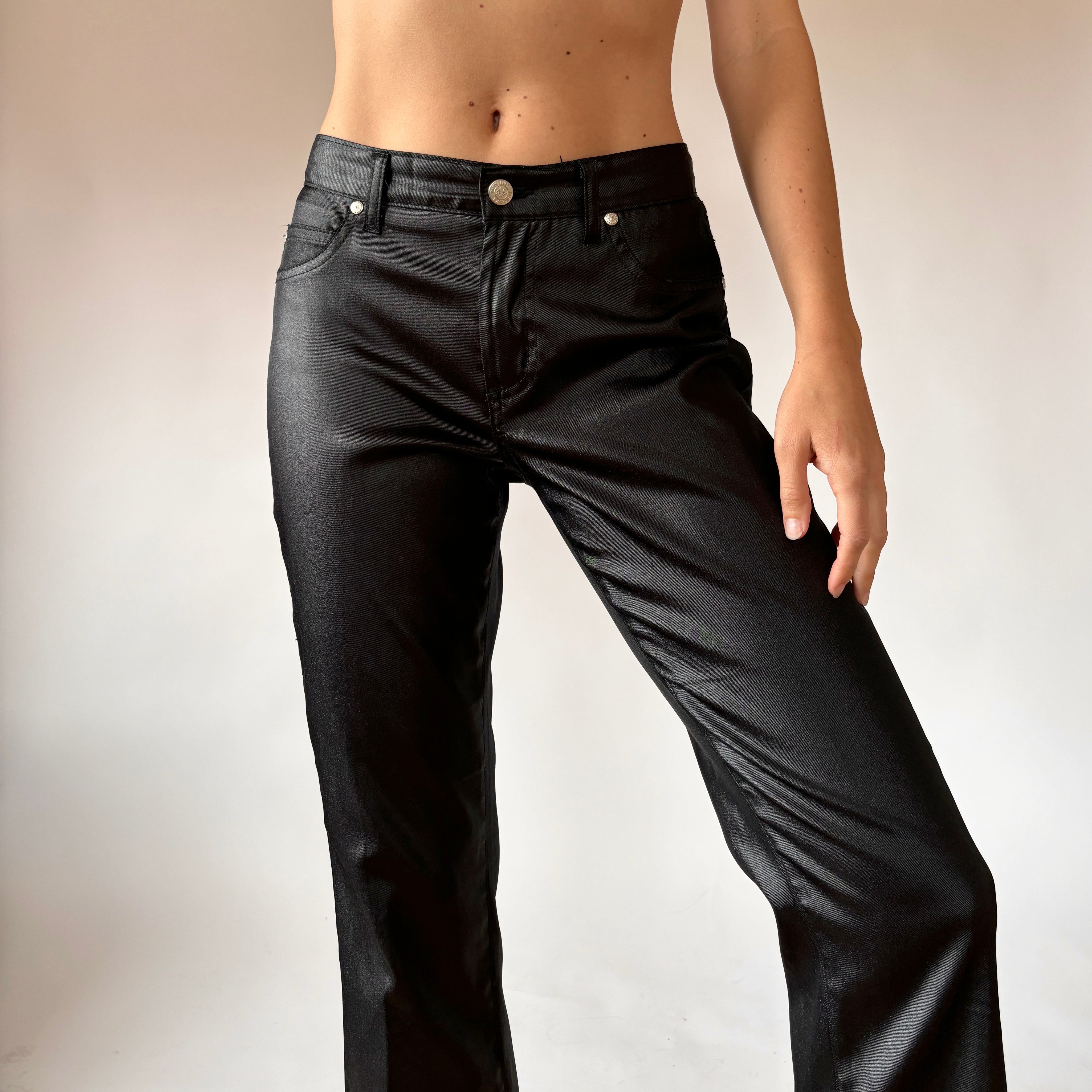 90s Wet Look Black Flares (XS)