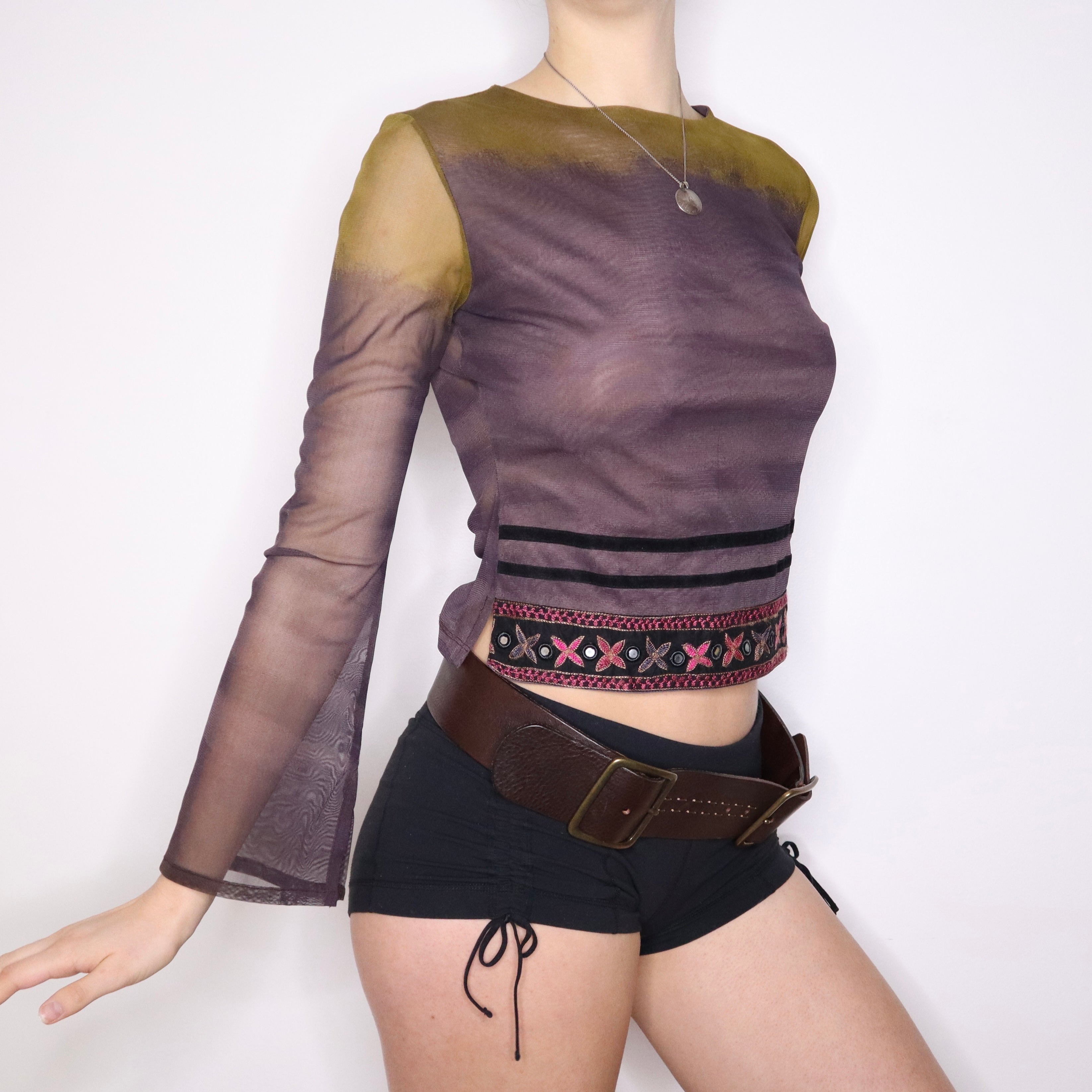 Y2K Purple Mesh Flared Sleeve Top (S/M)