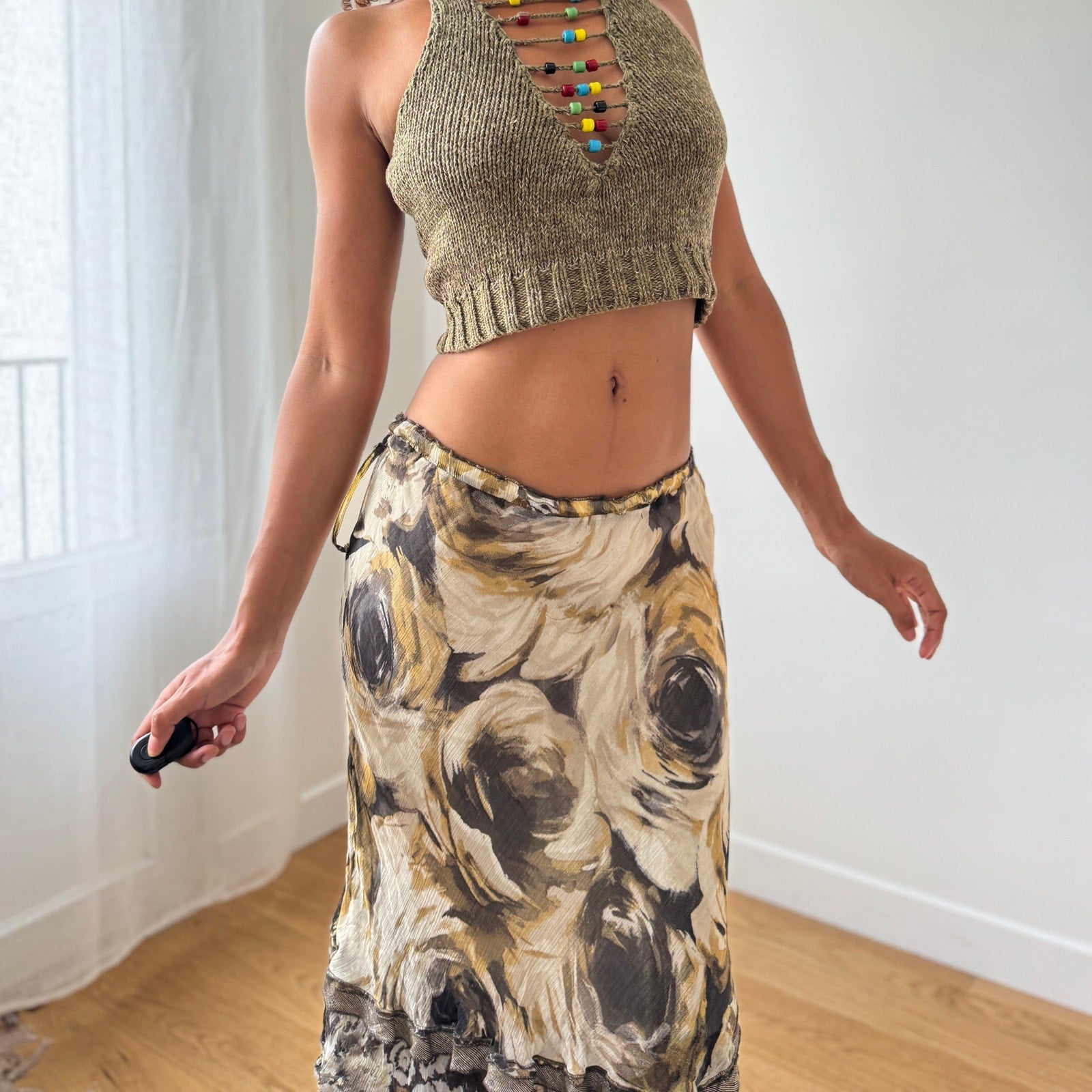 Miss Sixty Beaded Knit Halter Top in Olive (S)