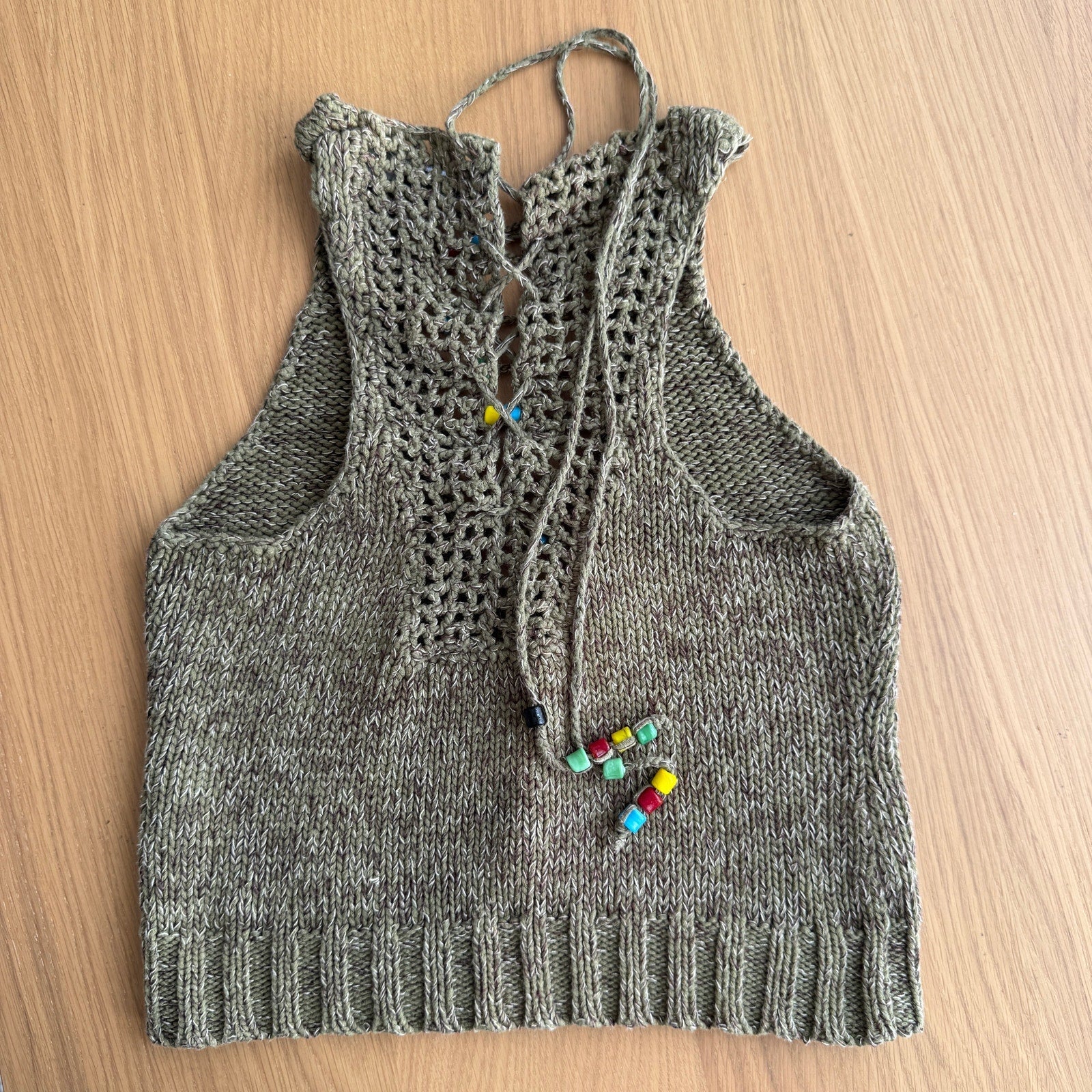 Miss Sixty Beaded Knit Halter Top in Olive (S)