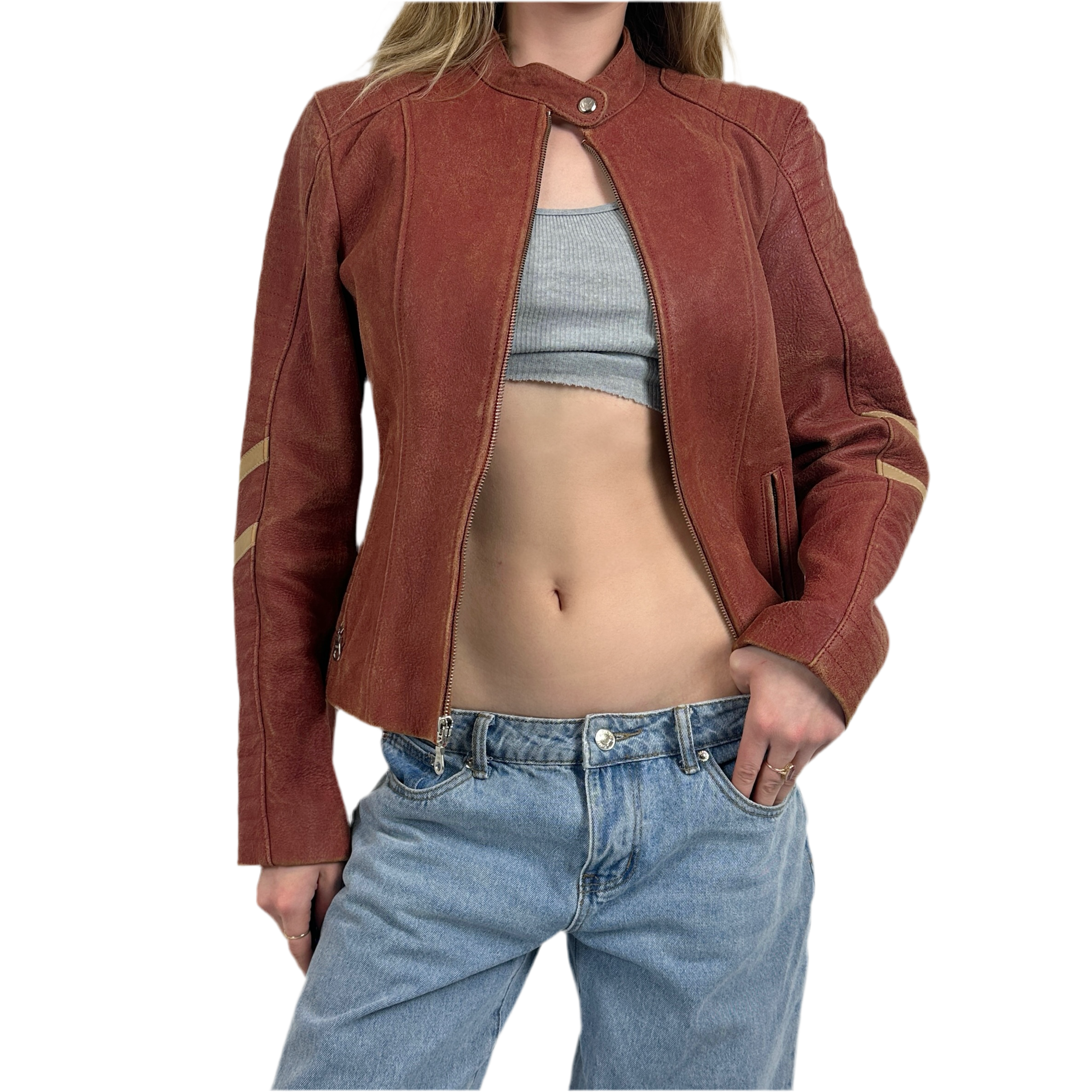 Vintage Dusty Red Leather Moto Jacket (M/L)