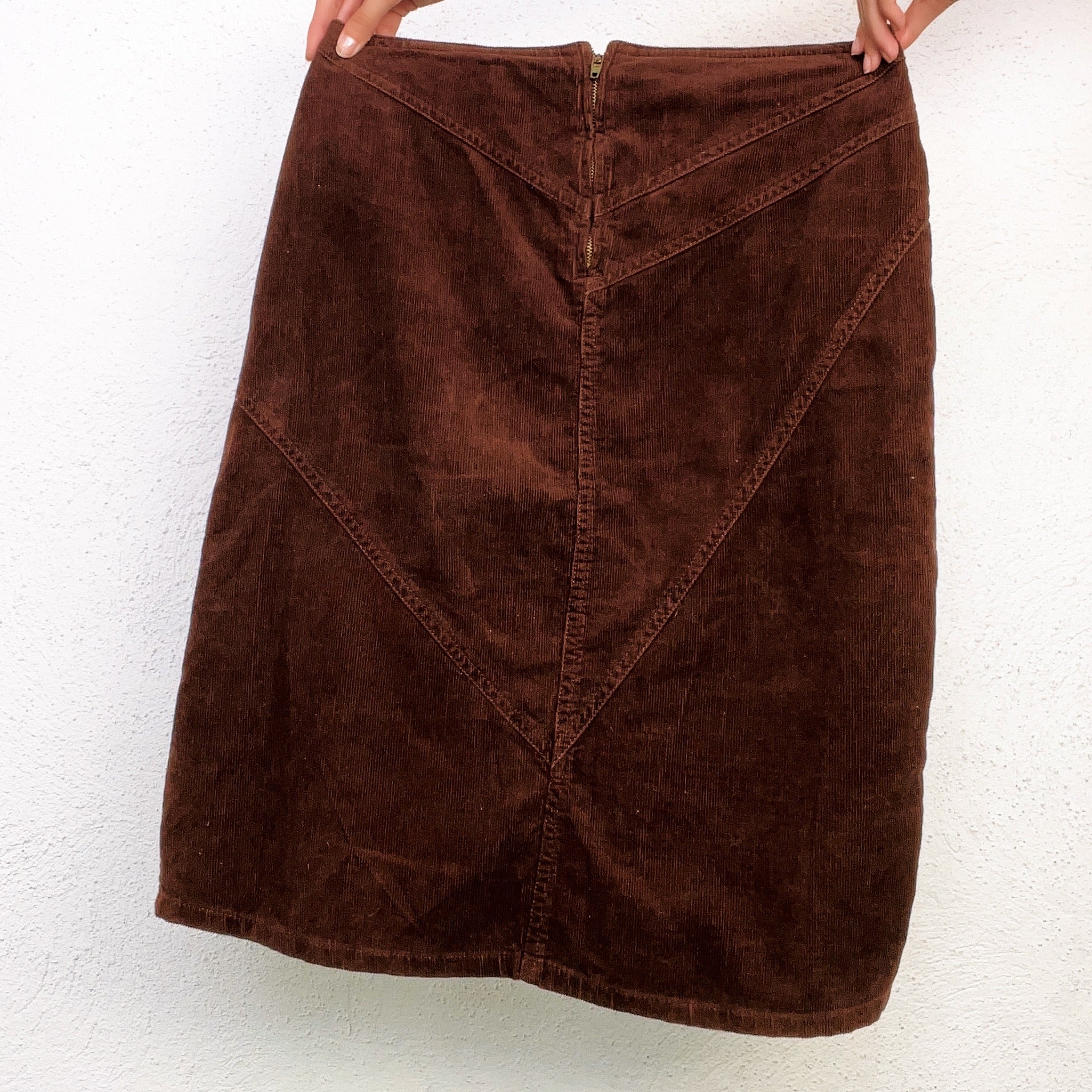 Distressed Brown Corduroy Midi Skirt (S)