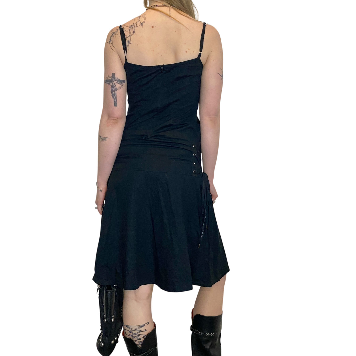 Vintage Boho Chic Eyelet Black Midi Dress (S)