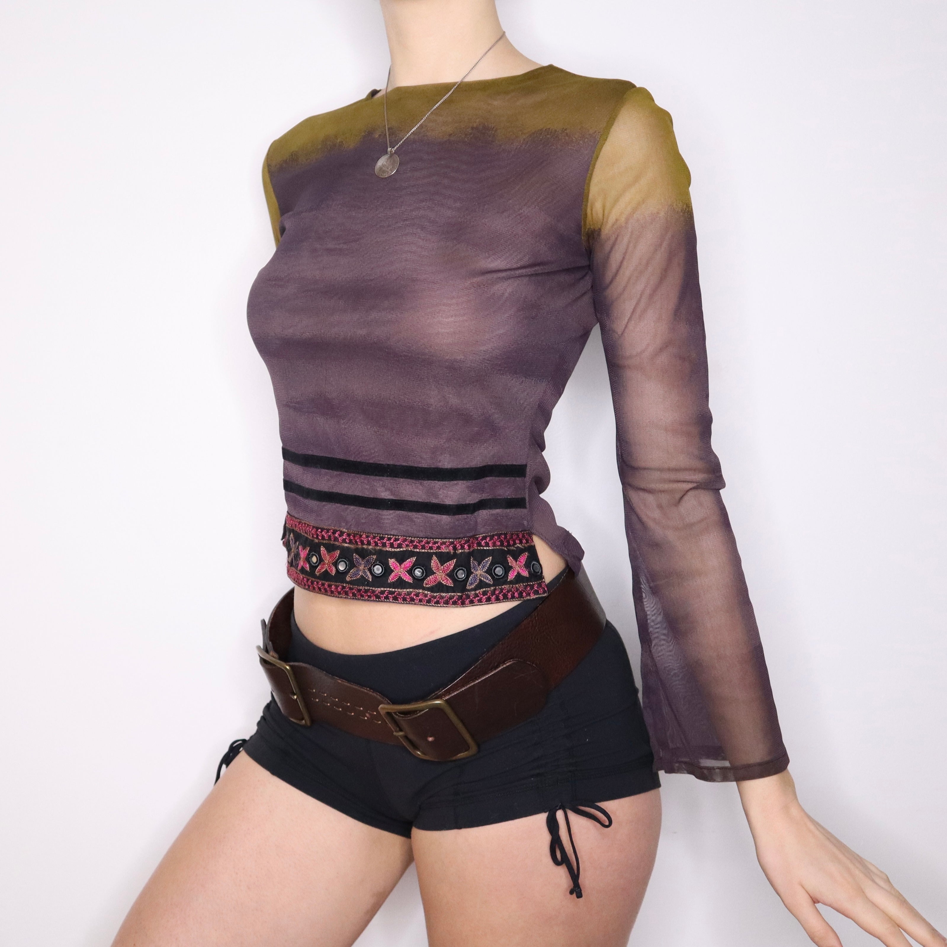 Y2K Purple Mesh Flared Sleeve Top (S/M)