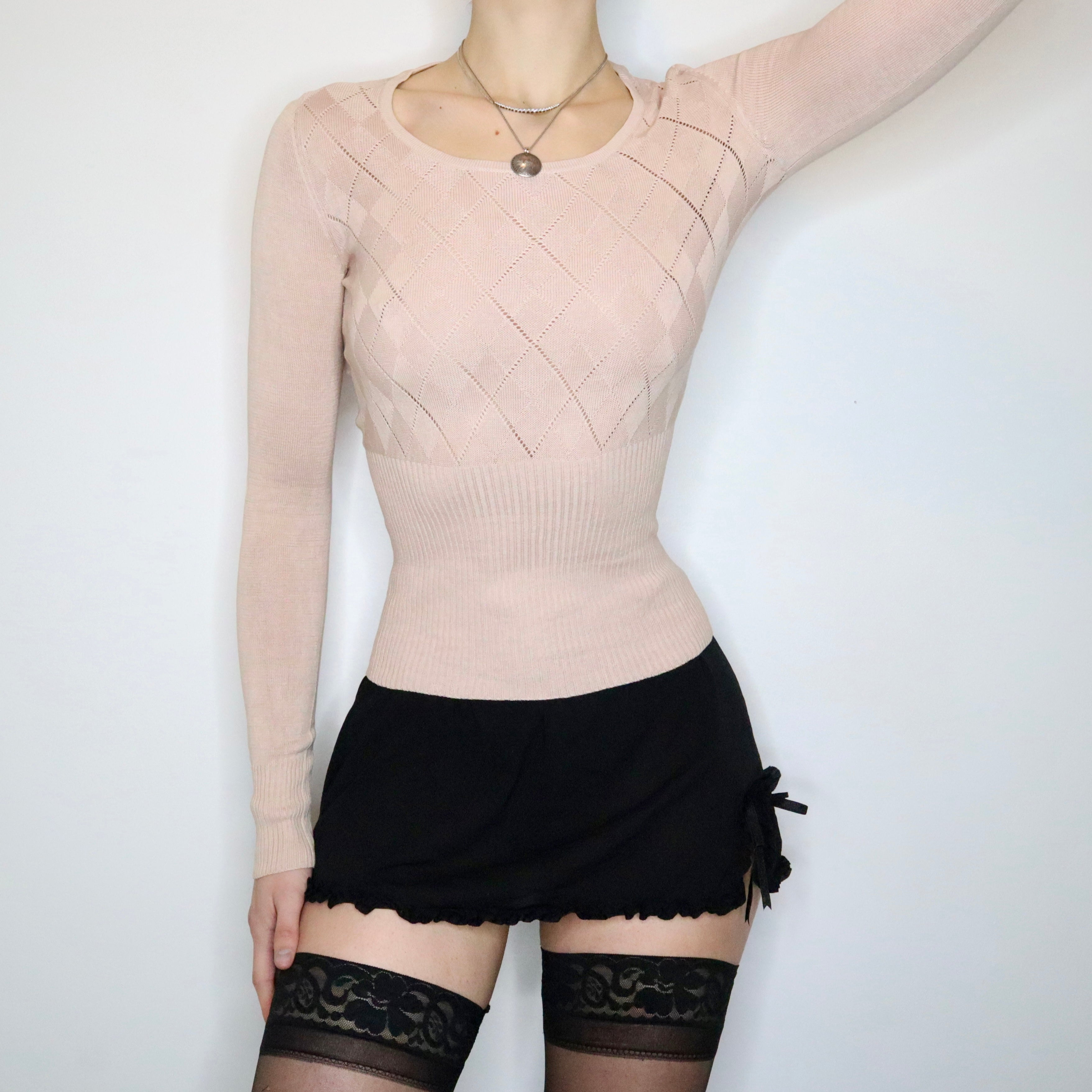 00s Pale Pink Silk Long Sleeve Knit Top (S)