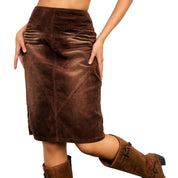 Distressed Brown Corduroy Midi Skirt (S)