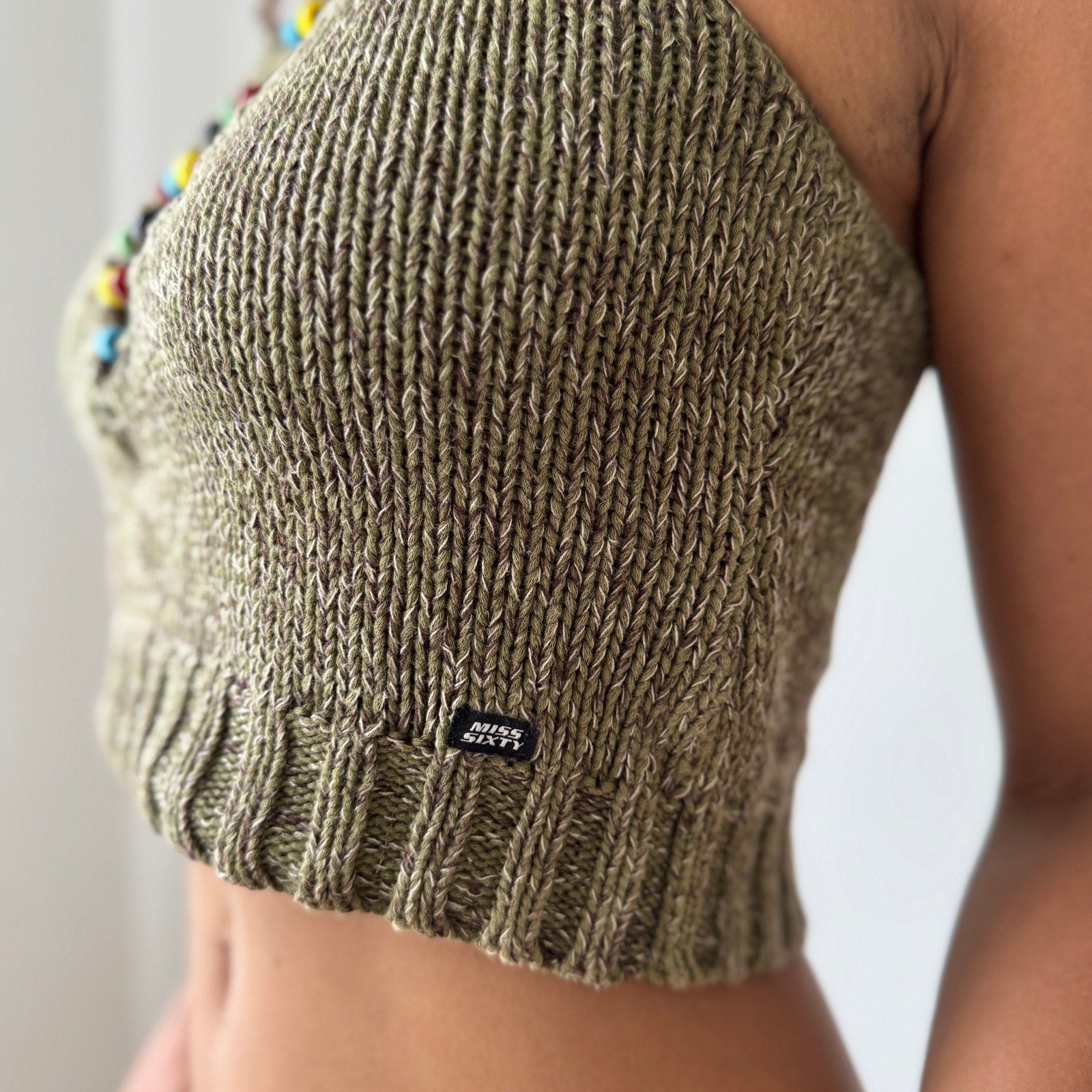 Miss Sixty Beaded Knit Halter Top in Olive (S)