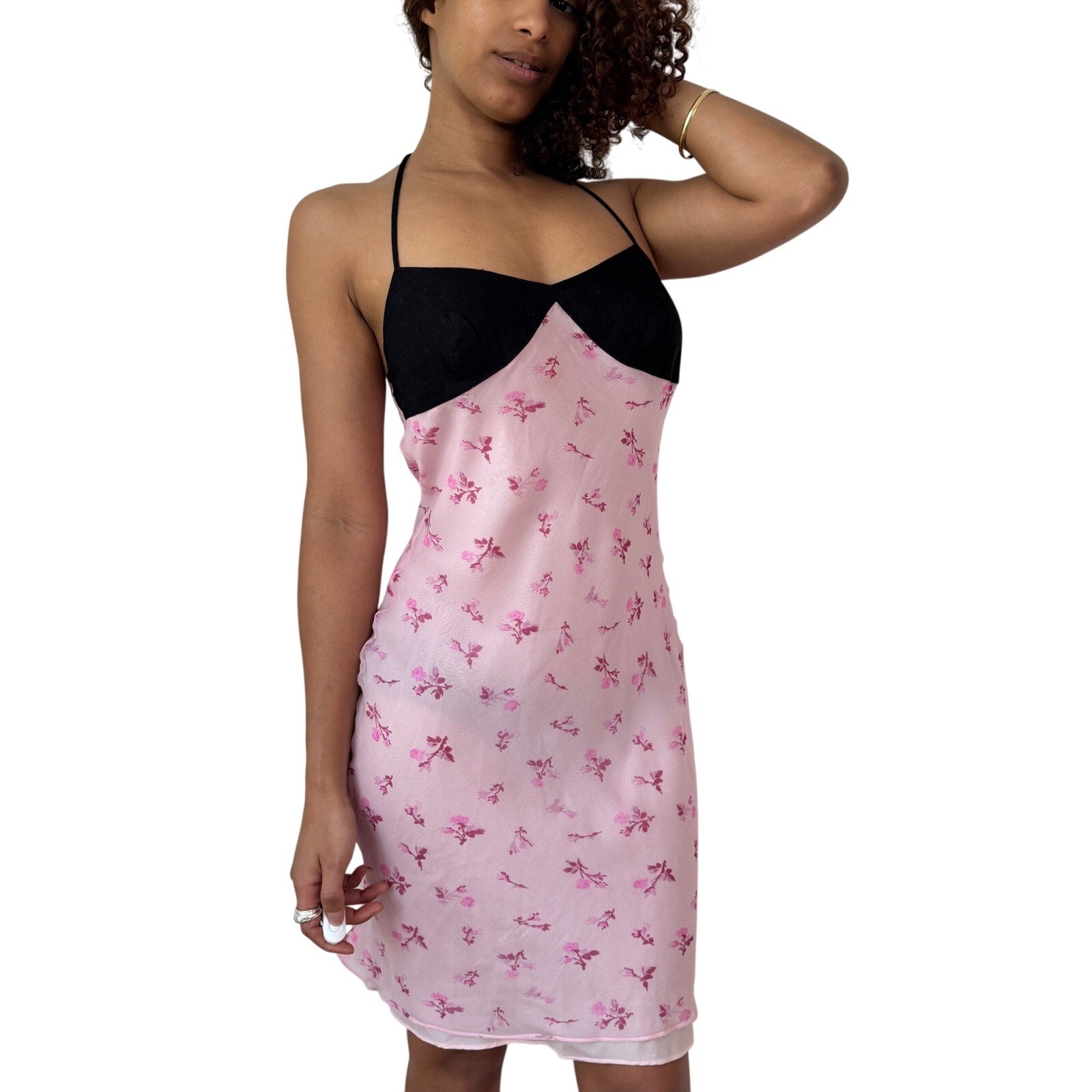 Vintage Pink Silk Floral Slip Dress Halter Tie (S) Vintage Pink Silk Floral Slip Dress Halter Tie (S)
