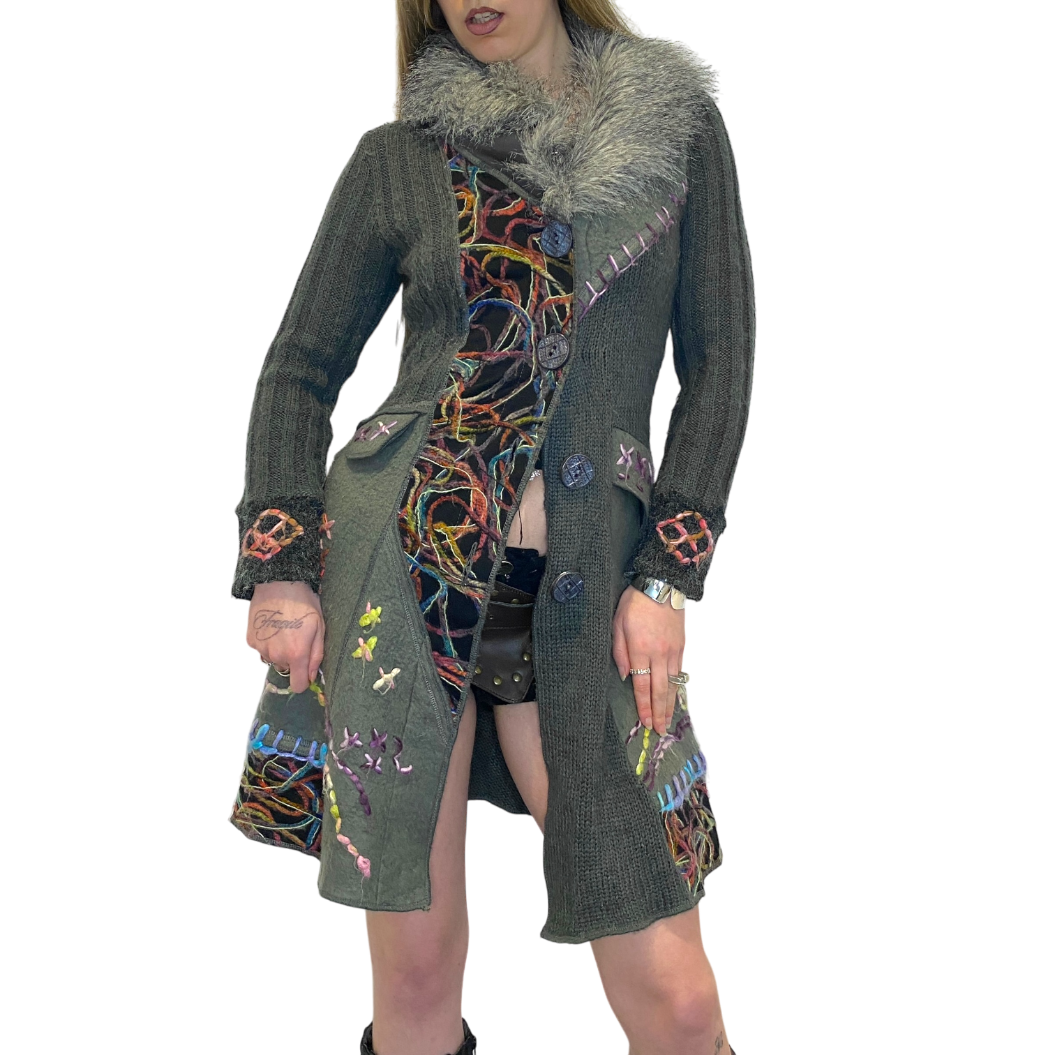 Vintage Boho Chic Fur Trim Maxi Cardigan (S/M)