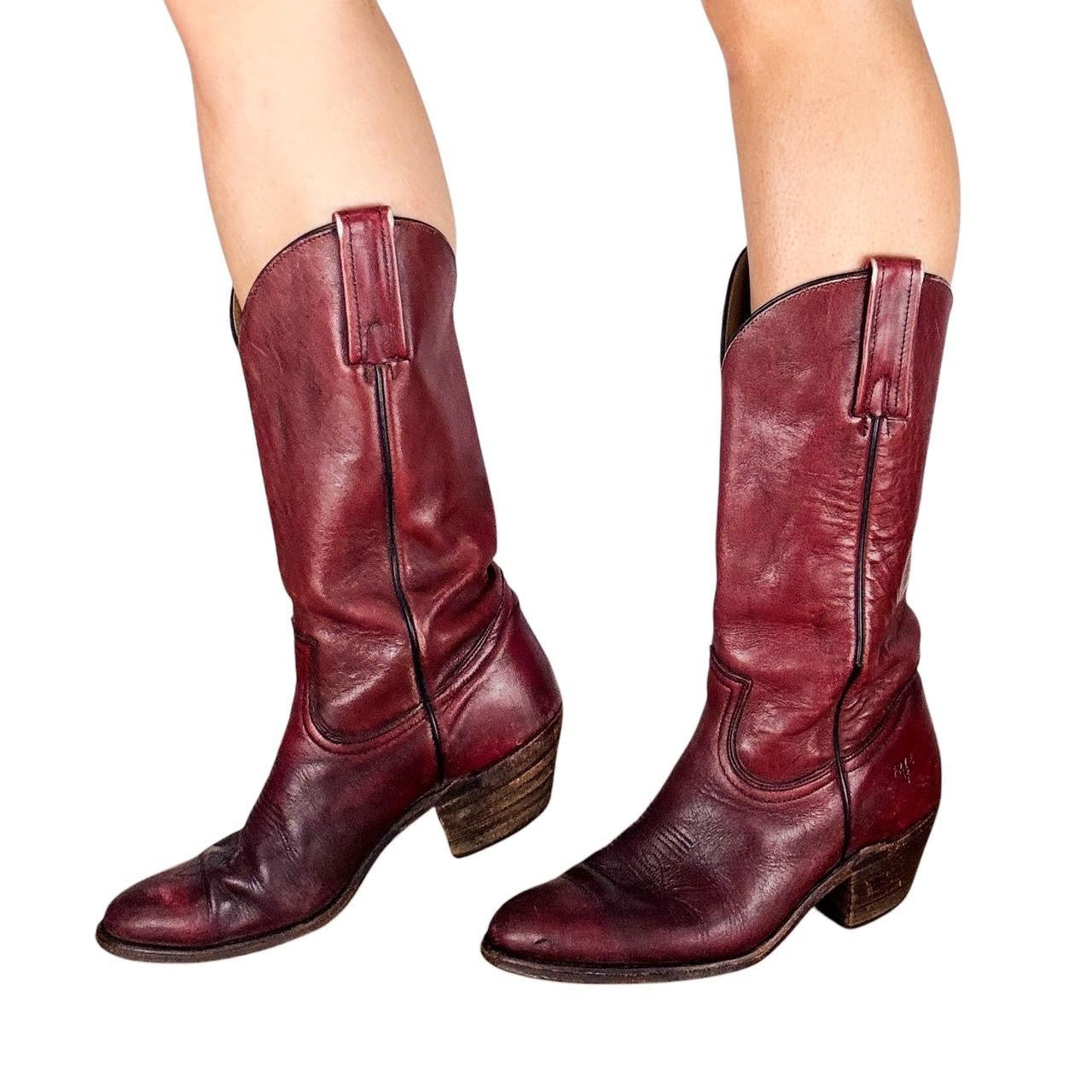 Vintage FRYE Western Cowboy Boots Womens Size 7 D Oxblood Leather Frye Burgundy Leather Cowboy Boots (8) – Holy Thrift main image 2