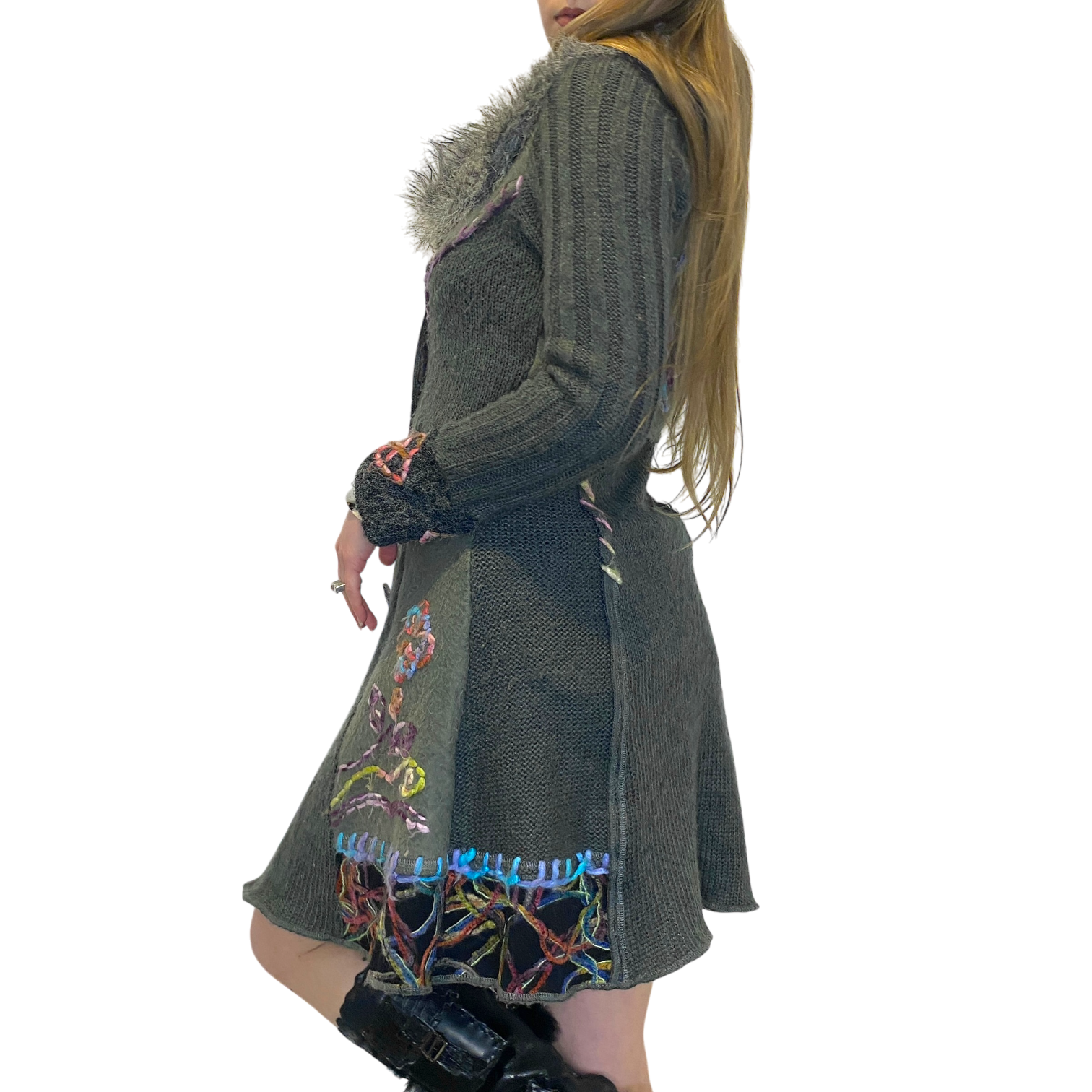 Vintage Boho Chic Fur Trim Maxi Cardigan (S/M)