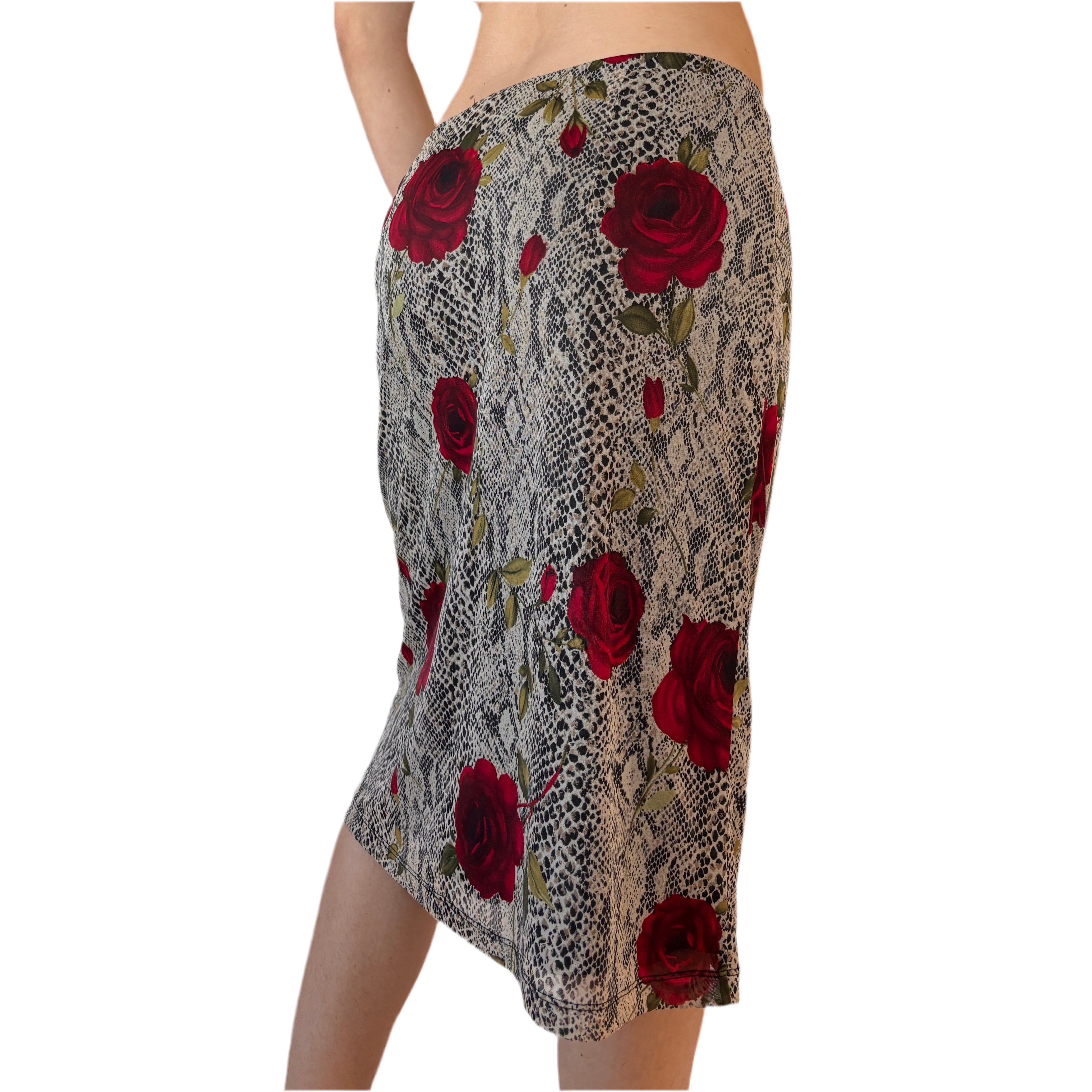 90s Snakeskin & Rose Mesh Midi Skirt (M)