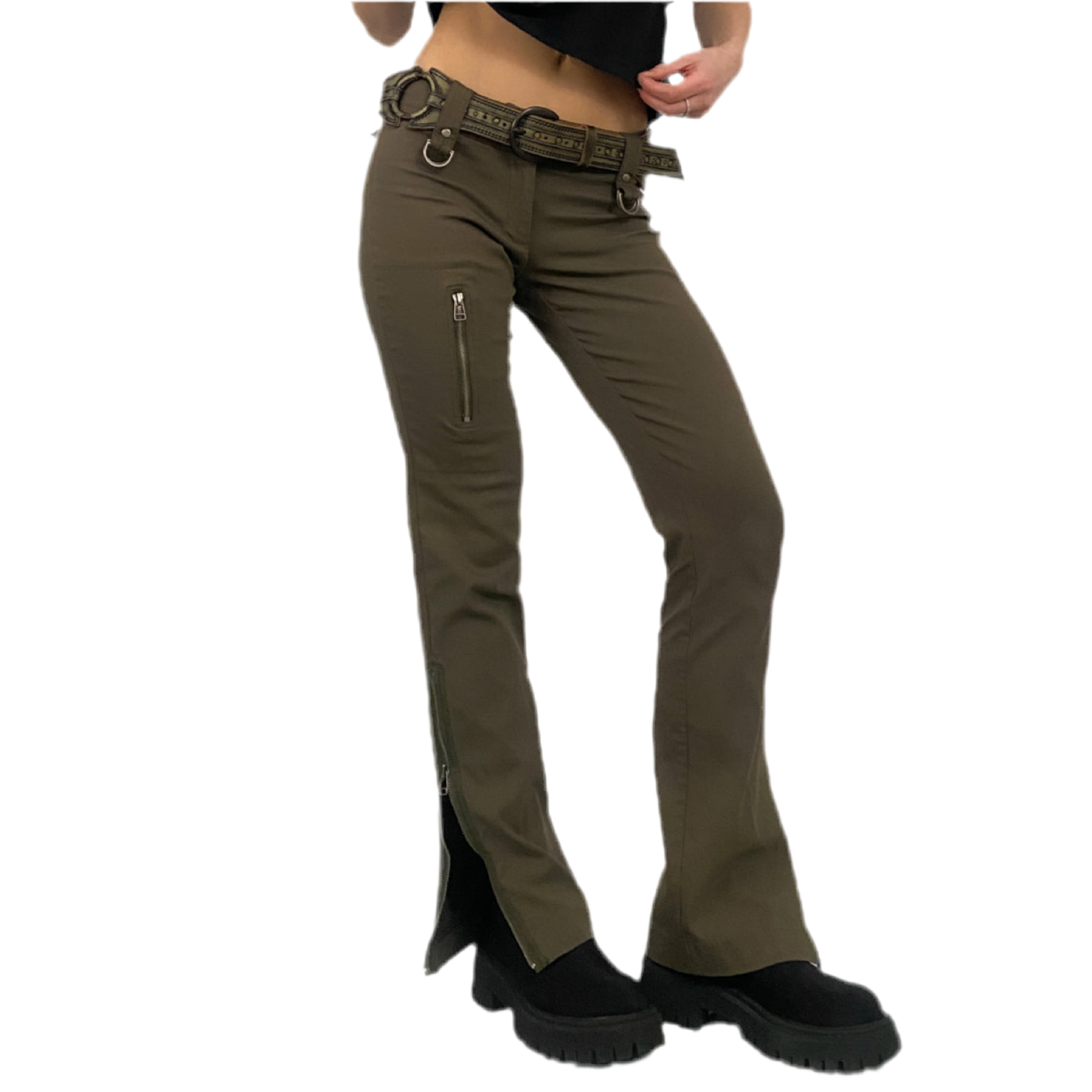 Olive Zipper Low Rise Pants (XS)