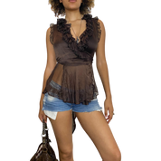 Vintage Wrap Sheer Ruffle Top (S-M)