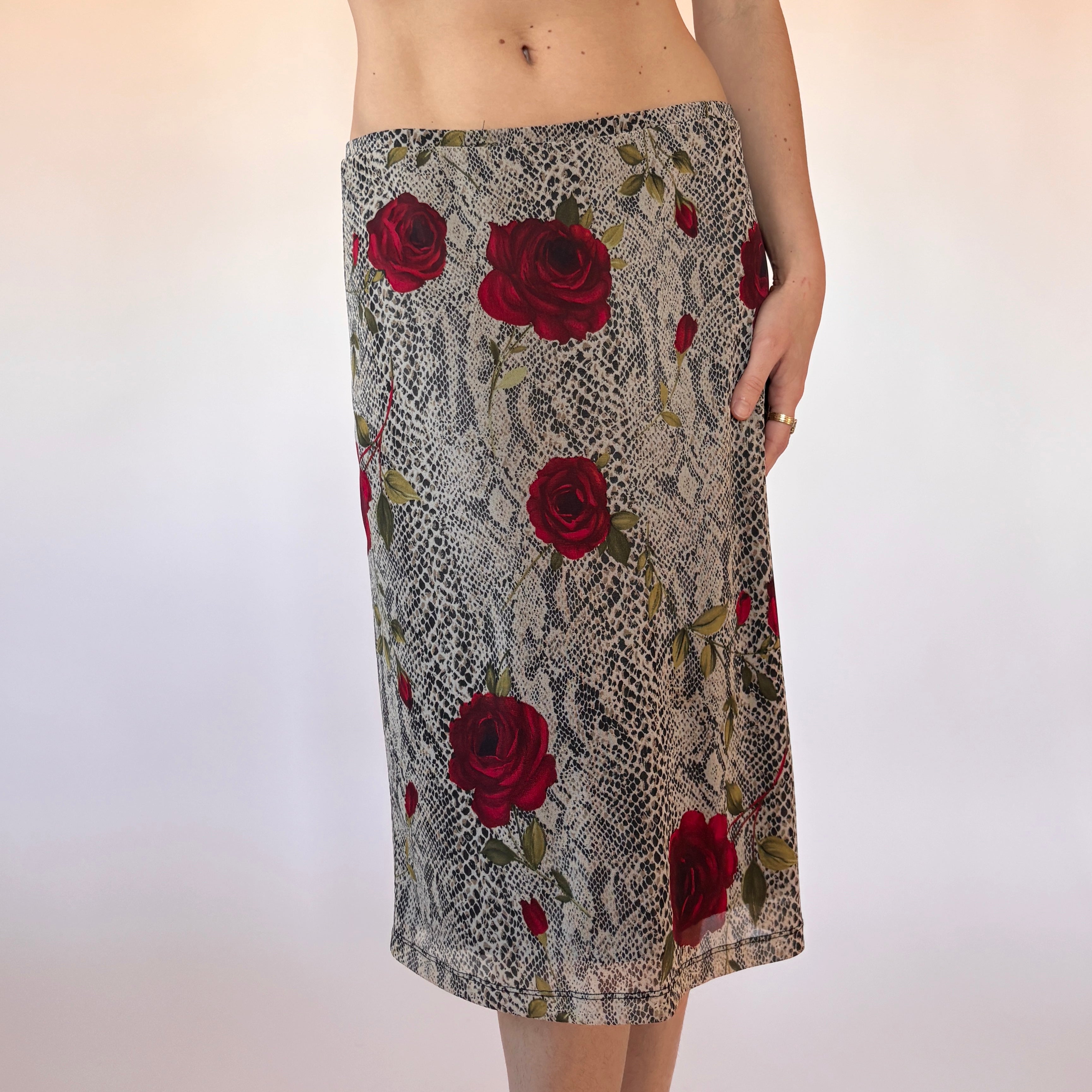 90s Snakeskin & Rose Mesh Midi Skirt (M)