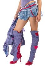 Purple Denim & Pink Leather Knee High Boots (5-15)