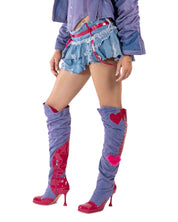 Purple Denim & Pink Leather Knee High Boots (5-15)
